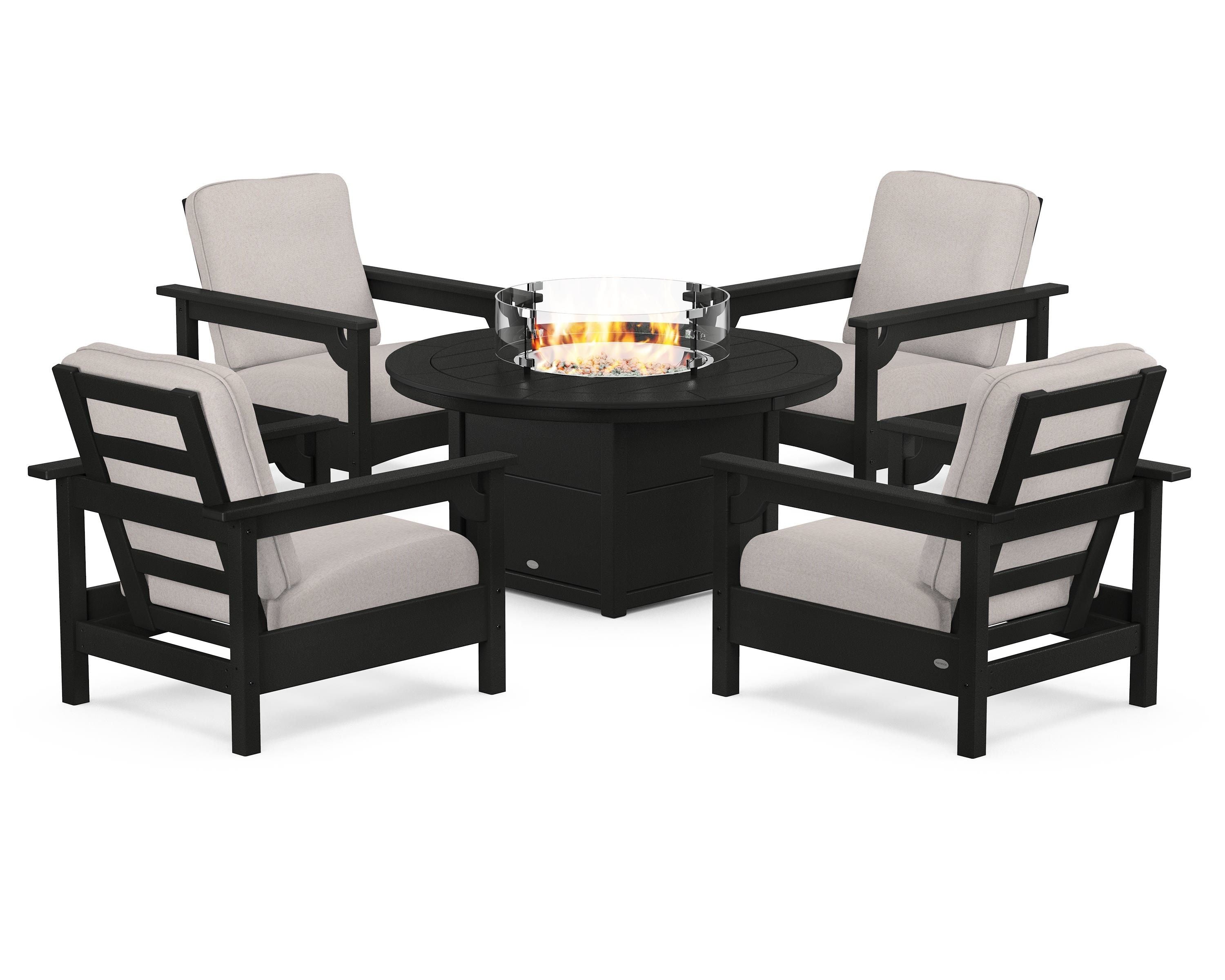 POLYWOOD® Club 5-Piece Conversation Set with Fire Pit Table in Black / Dune Burlap