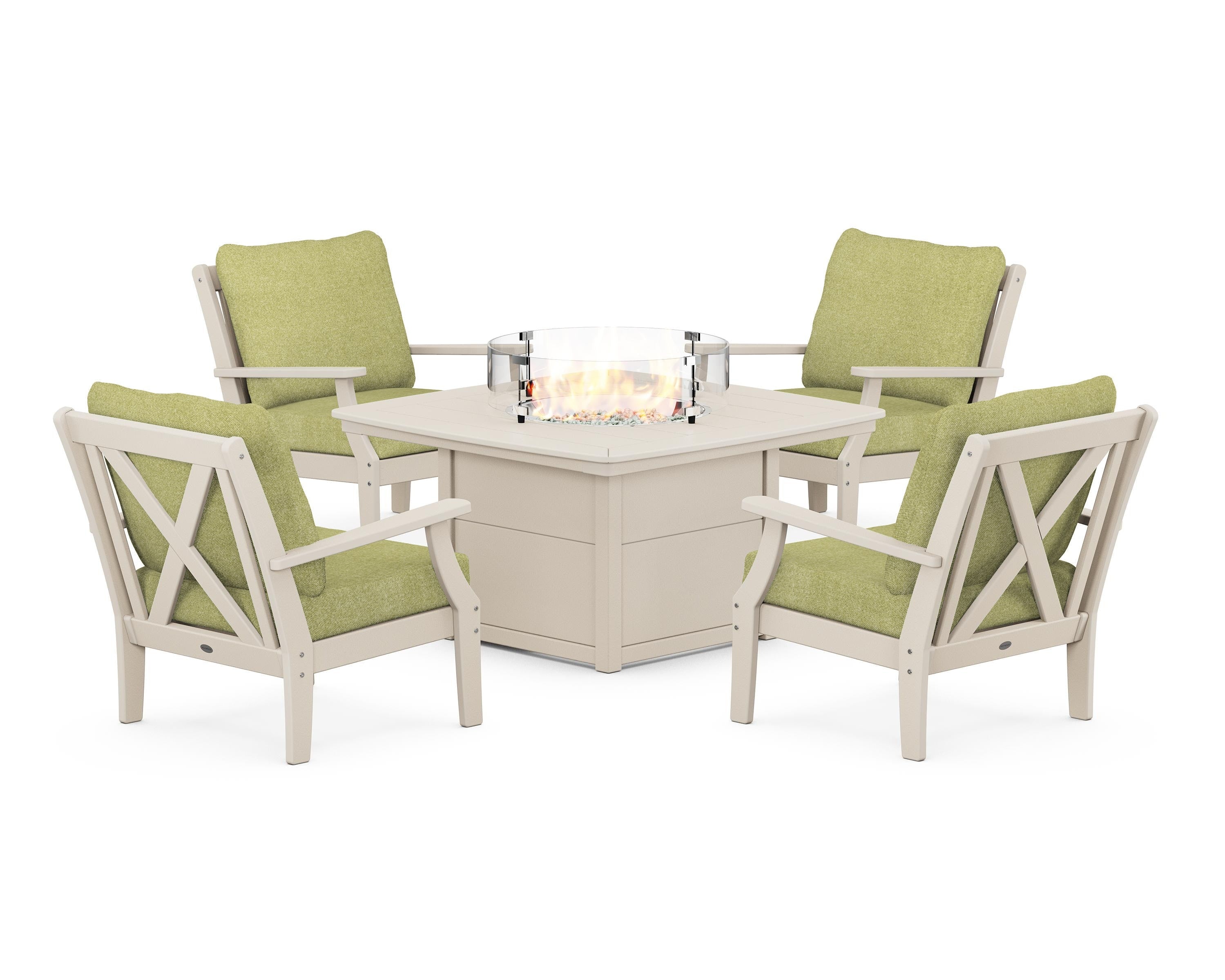 POLYWOOD® Braxton 5-Piece Deep Seating Conversation Set with Fire Pit Table in Sand / Chartreuse Boucle