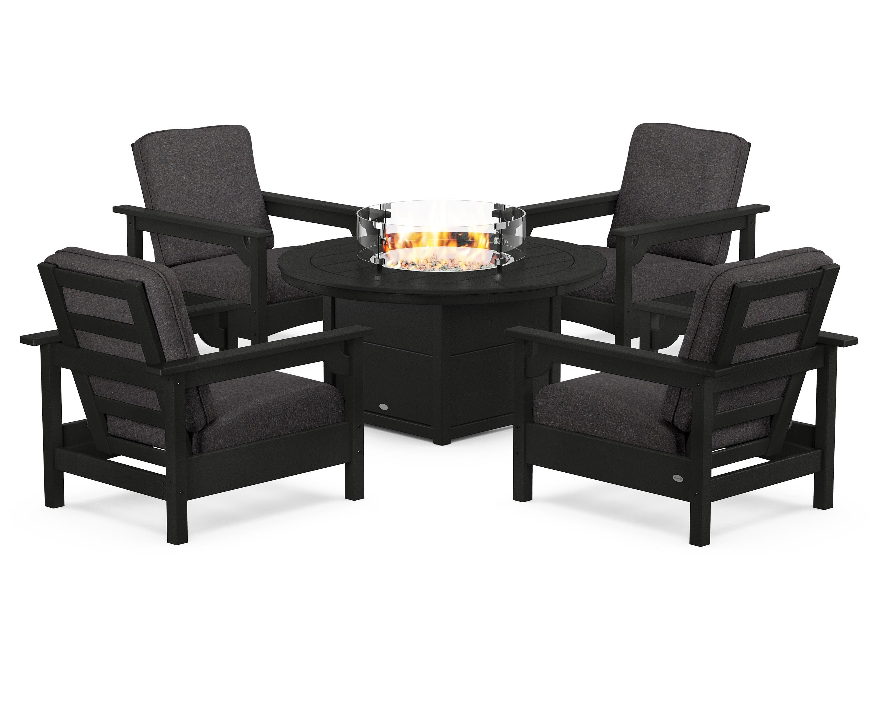 POLYWOOD® Club 5-Piece Conversation Set with Fire Pit Table in Black / Ash Charcoal