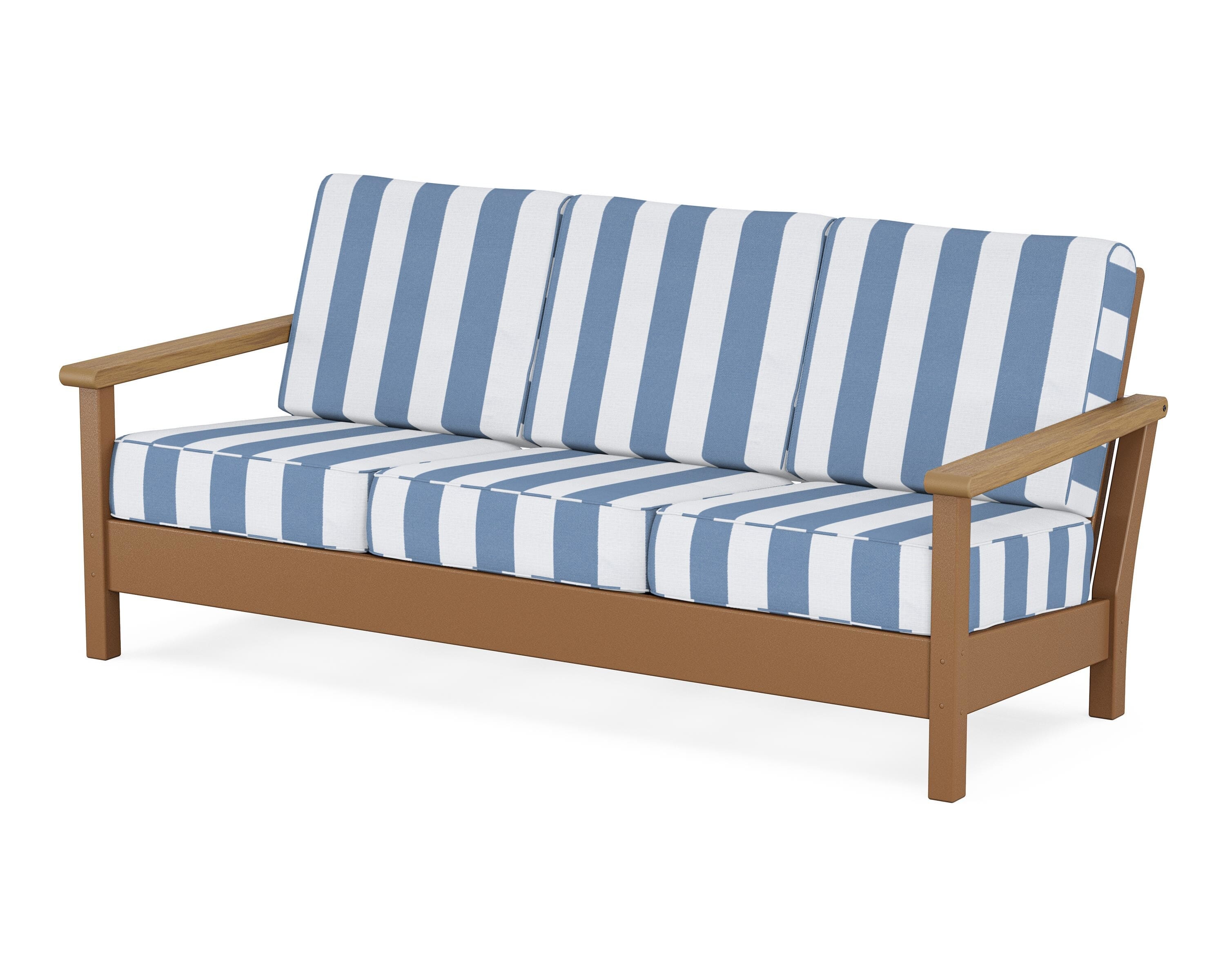 POLYWOOD® Harbour Deep Seating Sofa in Teak / Natural / Cabana Stripe Sky Blue