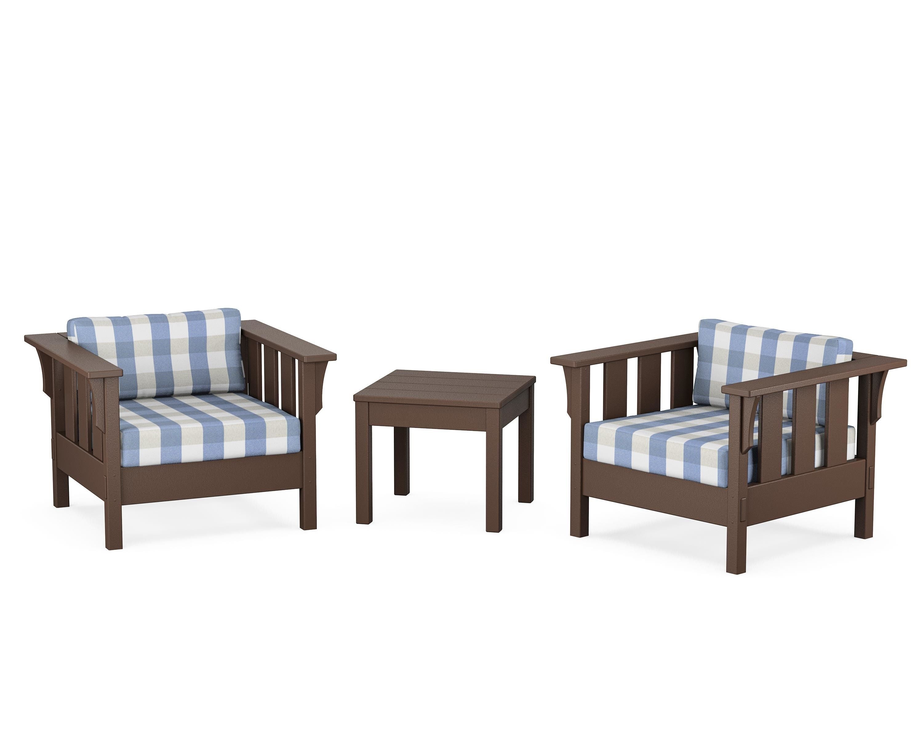 Martha Stewart by POLYWOOD® Acadia 3-Piece Deep Seating Set in Mahogany / Buffalo Plaid Sky Blue