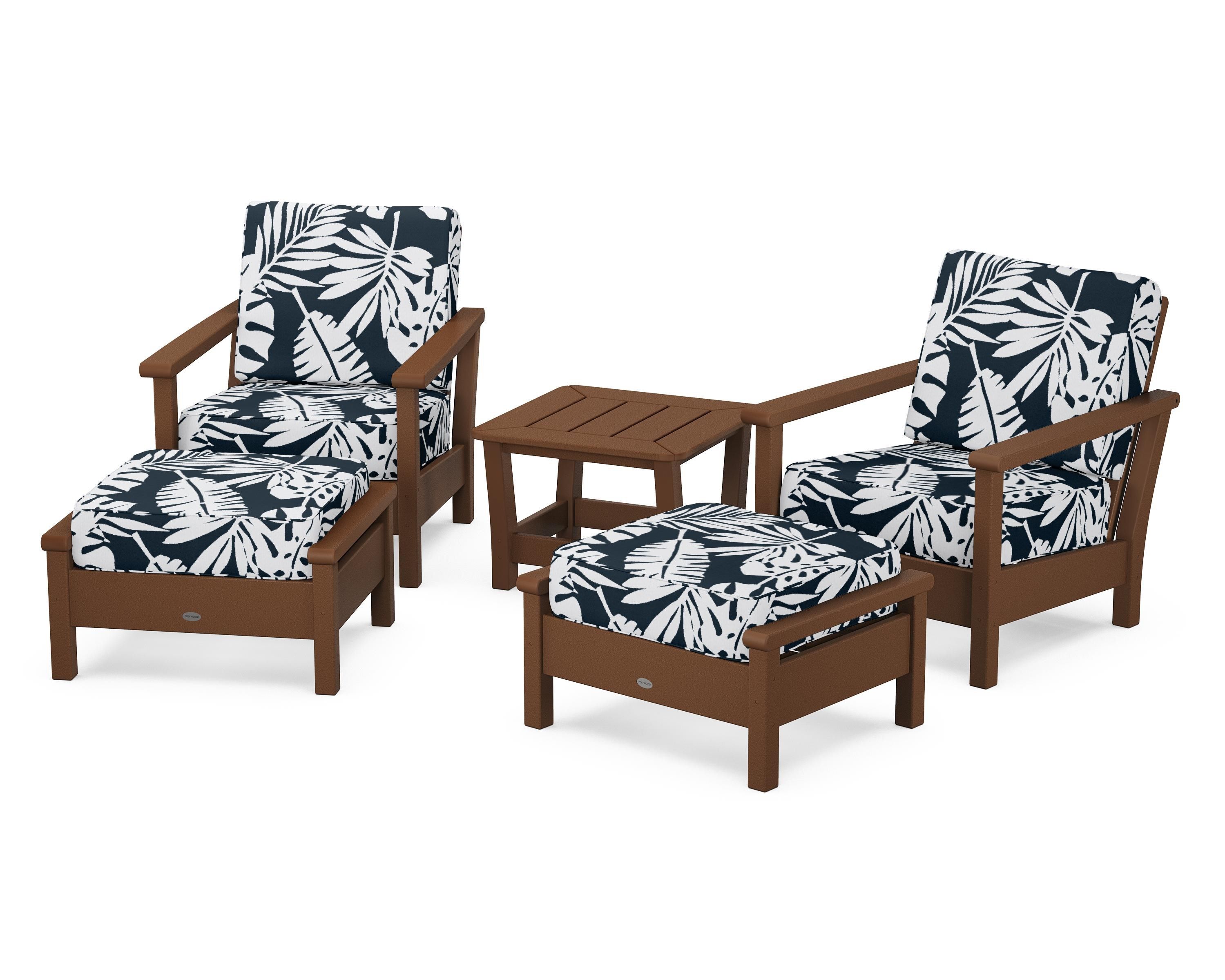 POLYWOOD® Harbour 5-Piece Deep Seating Chair Set in Teak / Leaf Marine Indigo