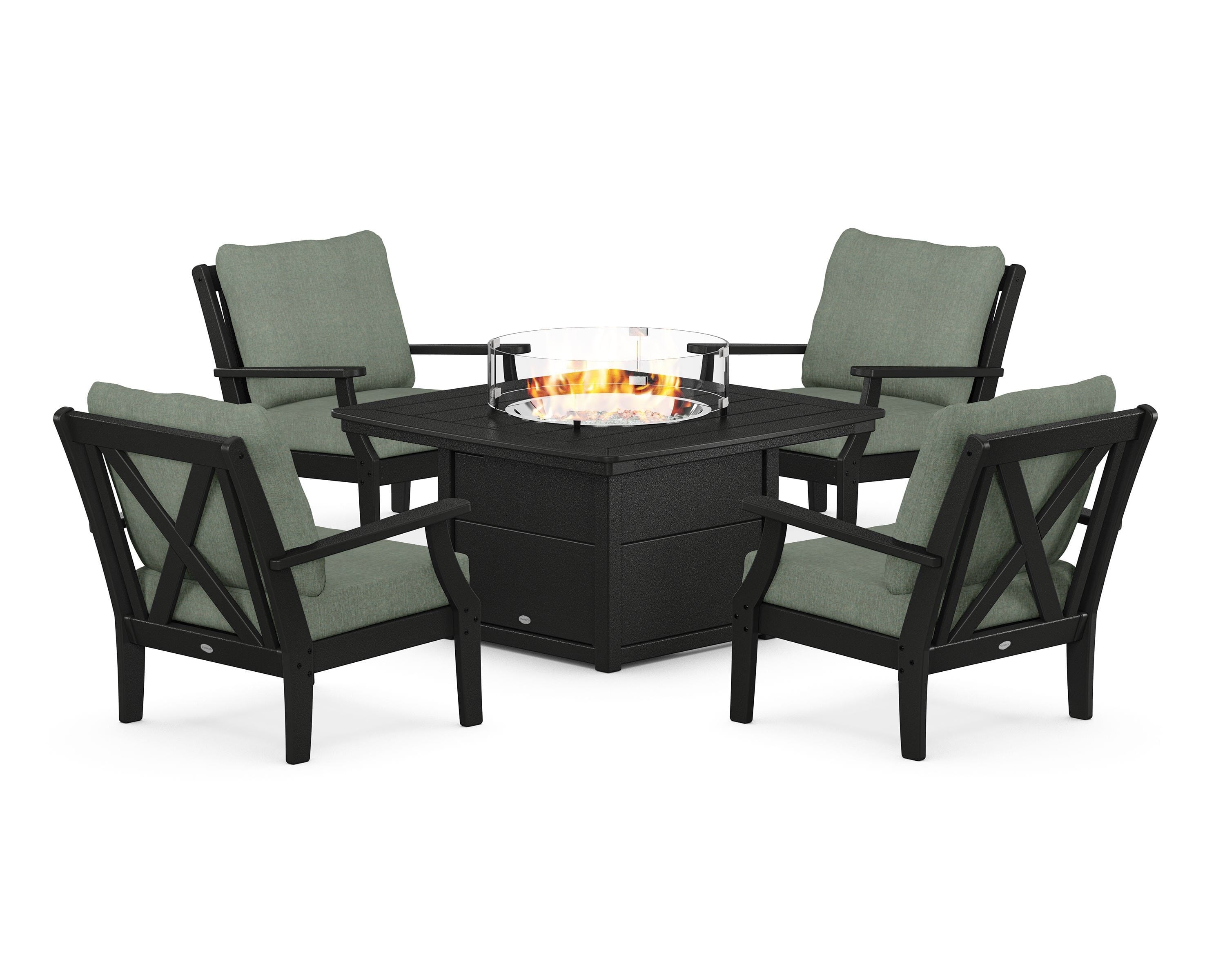 POLYWOOD® Braxton 5-Piece Deep Seating Conversation Set with Fire Pit Table in Black / Cast Sage