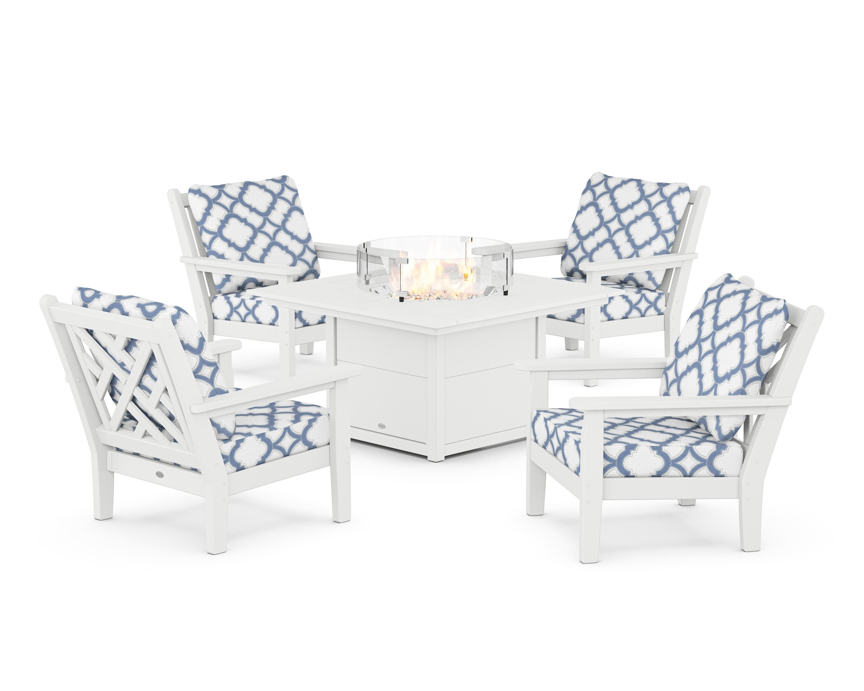 POLYWOOD® Chippendale 5-Piece Deep Seating Set with Fire Pit Table in White / Trellis Sky Blue