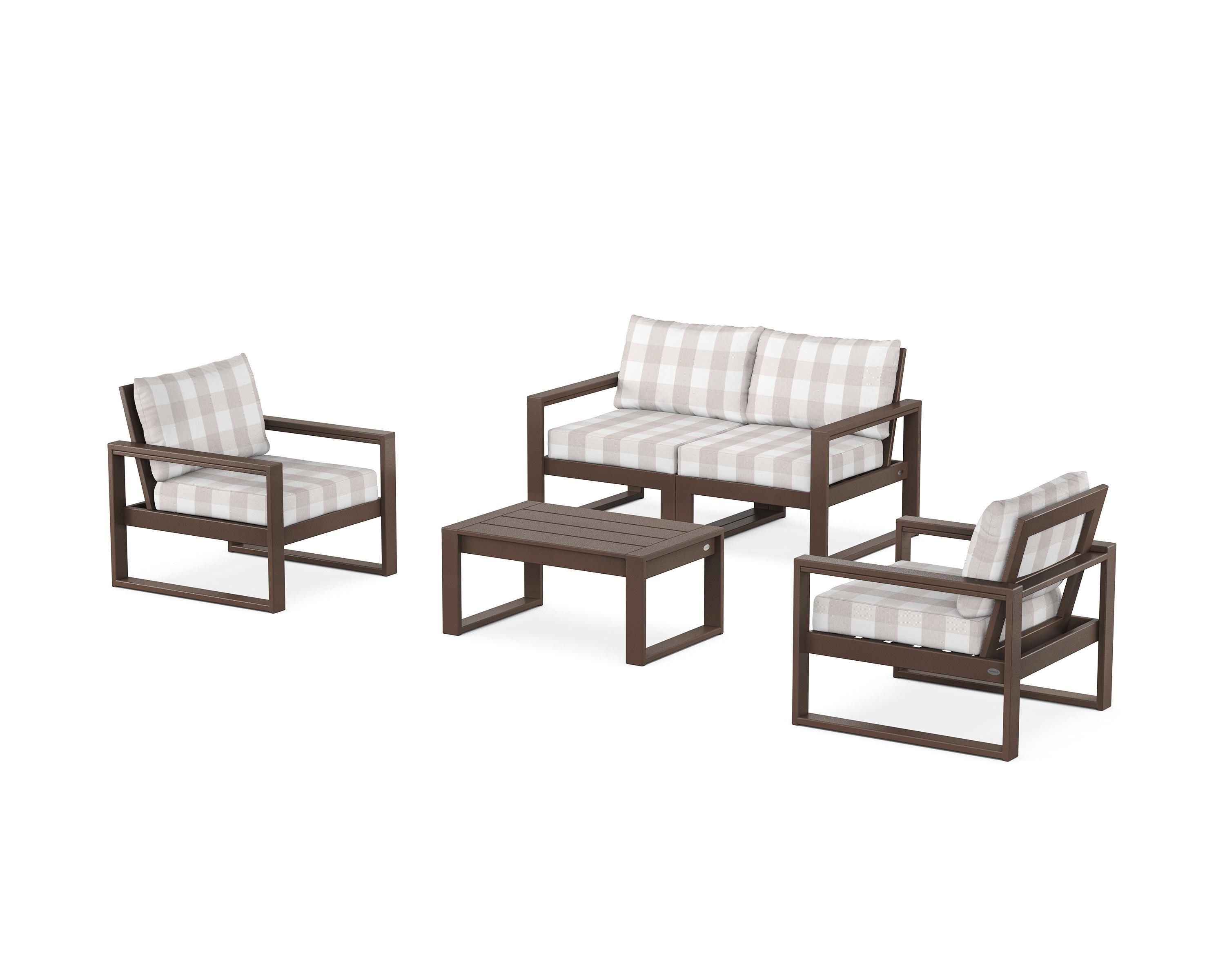 POLYWOOD® EDGE Sectional 4-Piece Deep Seating Set with Loveseat in Mahogany / Buffalo Plaid Dune Burlap