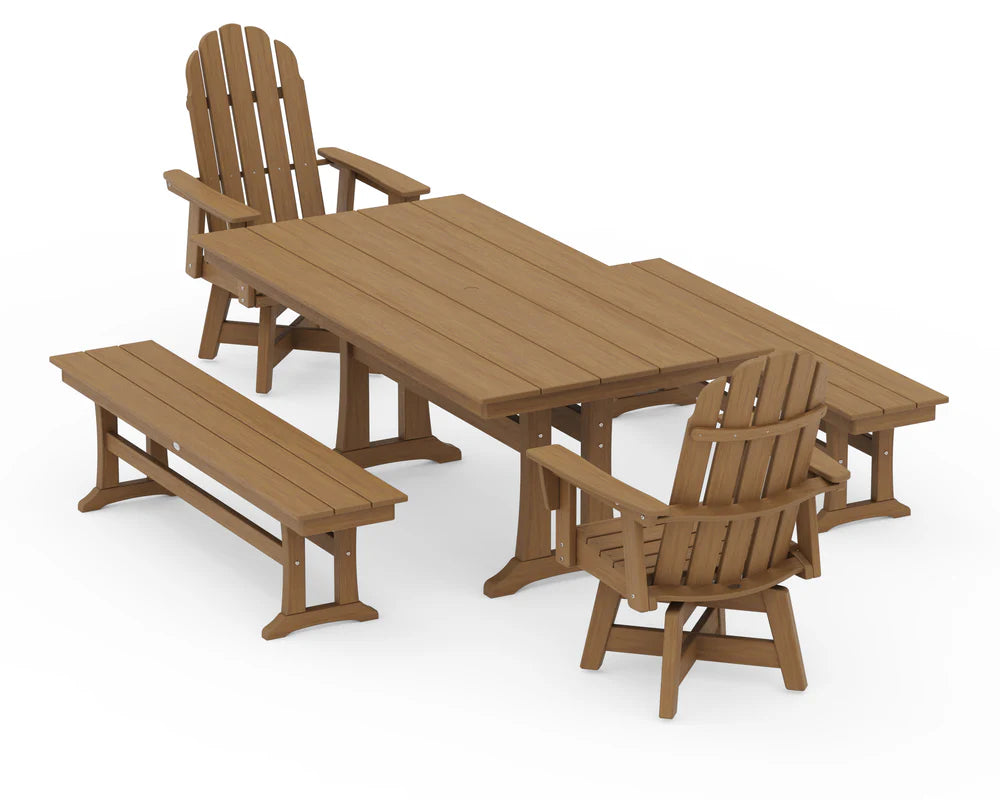 Vineyard Curveback Adirondack Swivel Chair 5-Piece Farmhouse Dining Set With Trestle Legs and Benches