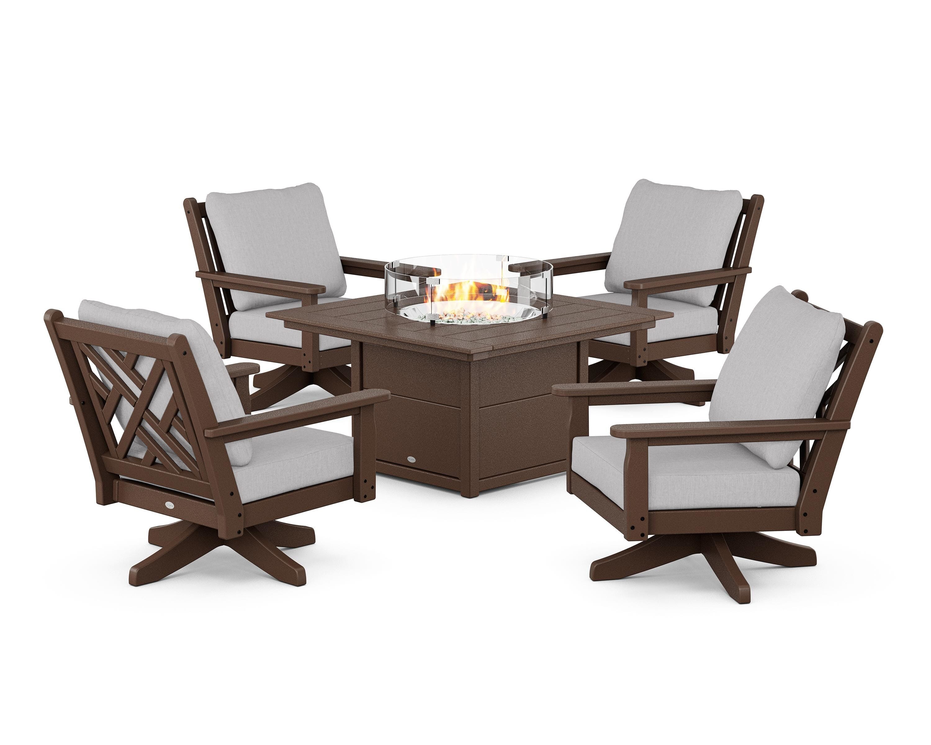 POLYWOOD® Chippendale 5-Piece Deep Seating Swivel Conversation Set with Fire Pit Table in Mahogany / Granite