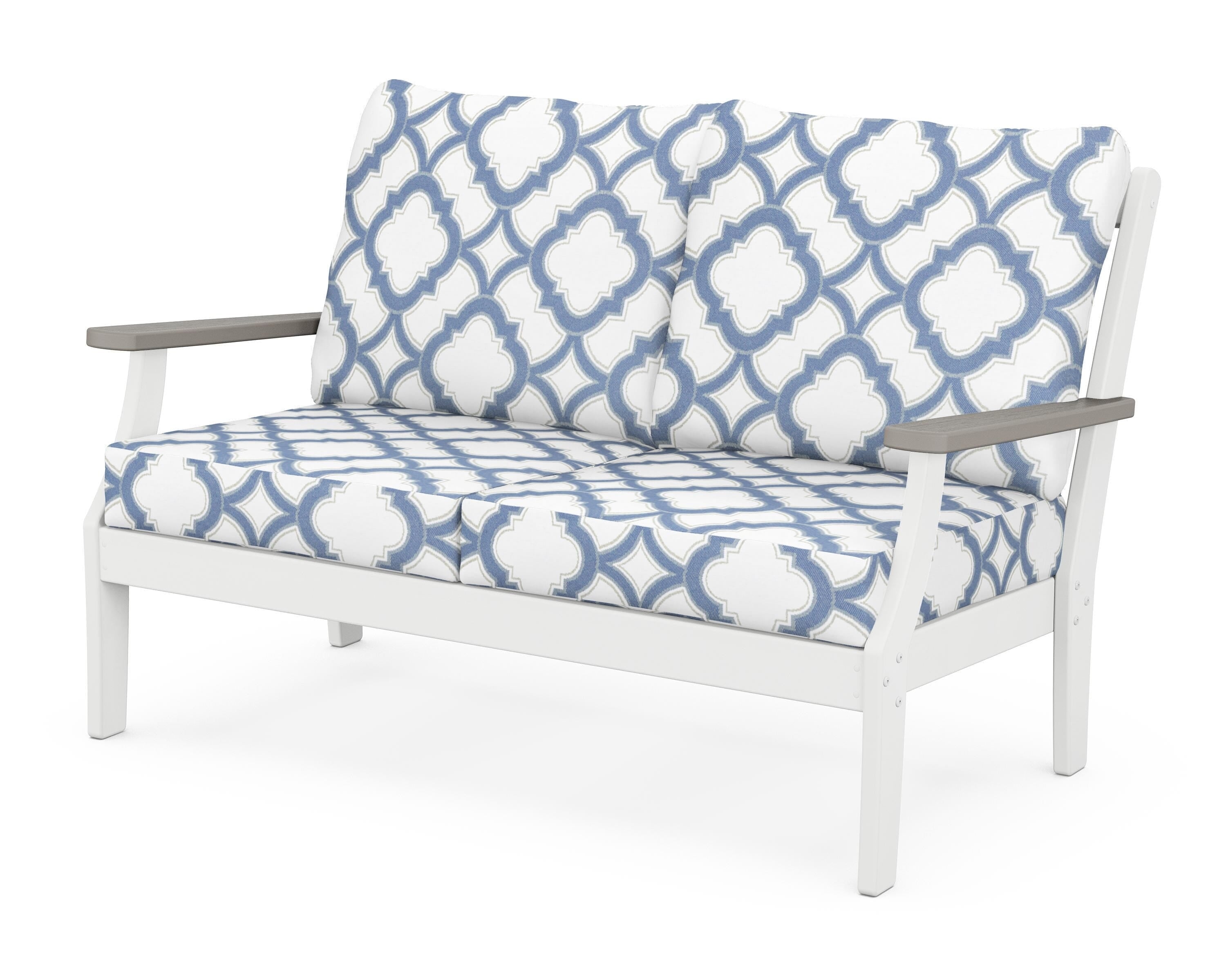 POLYWOOD® Braxton Deep Seating Loveseat in White / Driftwood / Trellis Sky Blue