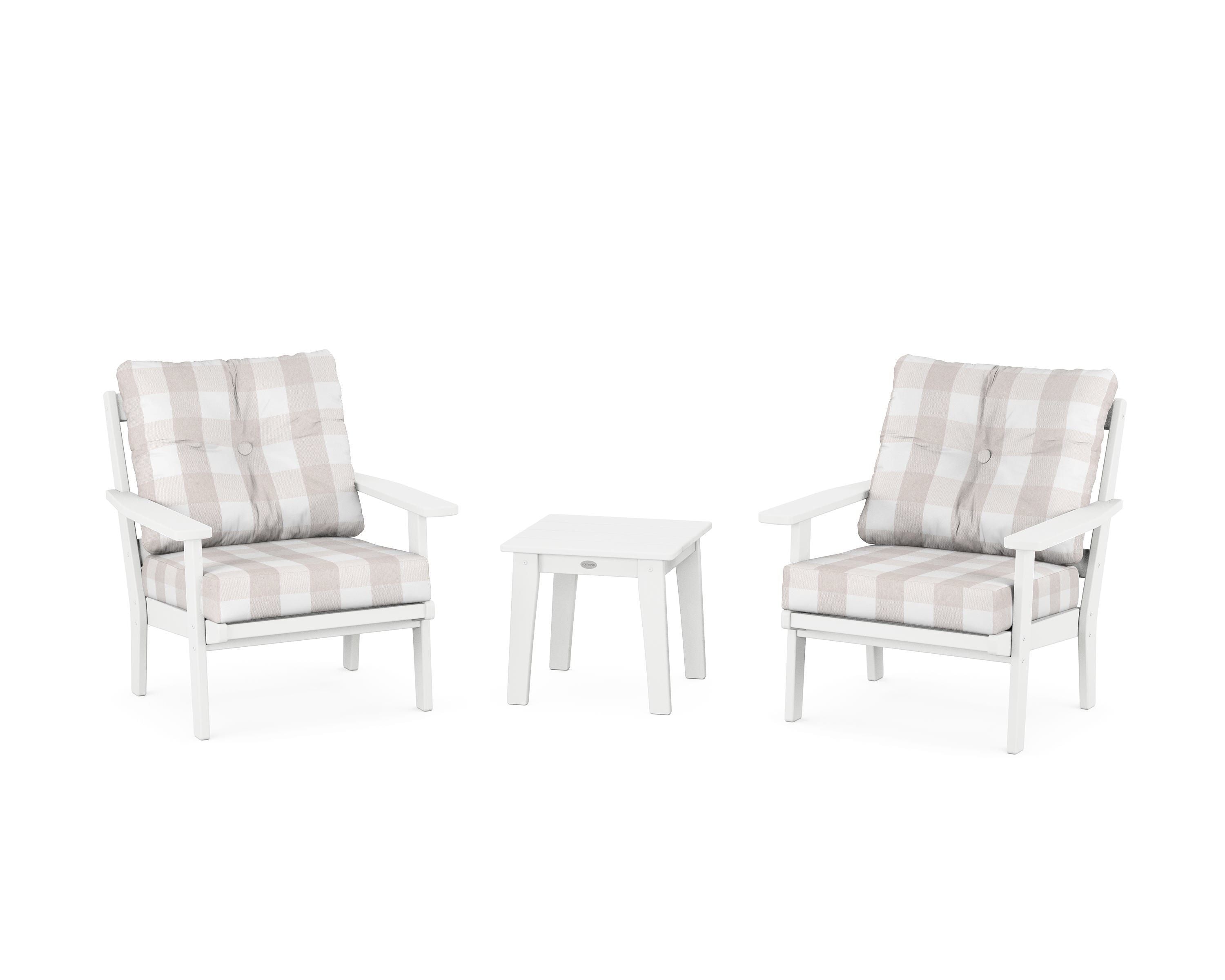 POLYWOOD® Prairie 3-Piece Deep Seating Set in White / Buffalo Plaid Dune Burlap