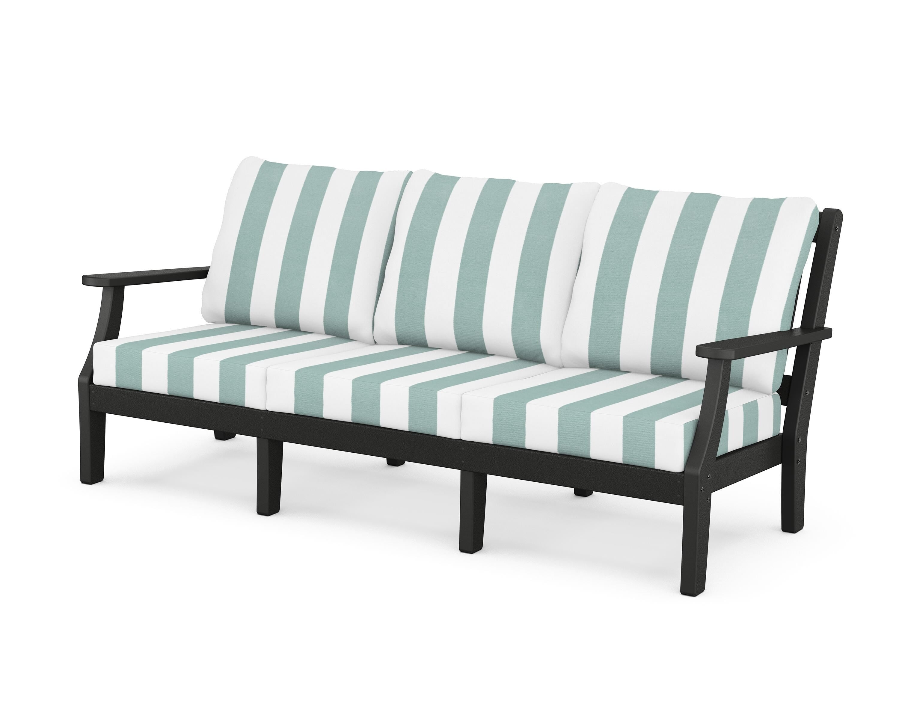 Martha Stewart by POLYWOOD® Chinoiserie Deep Seating Sofa in Black / Cabana Stripe Glacier Spa