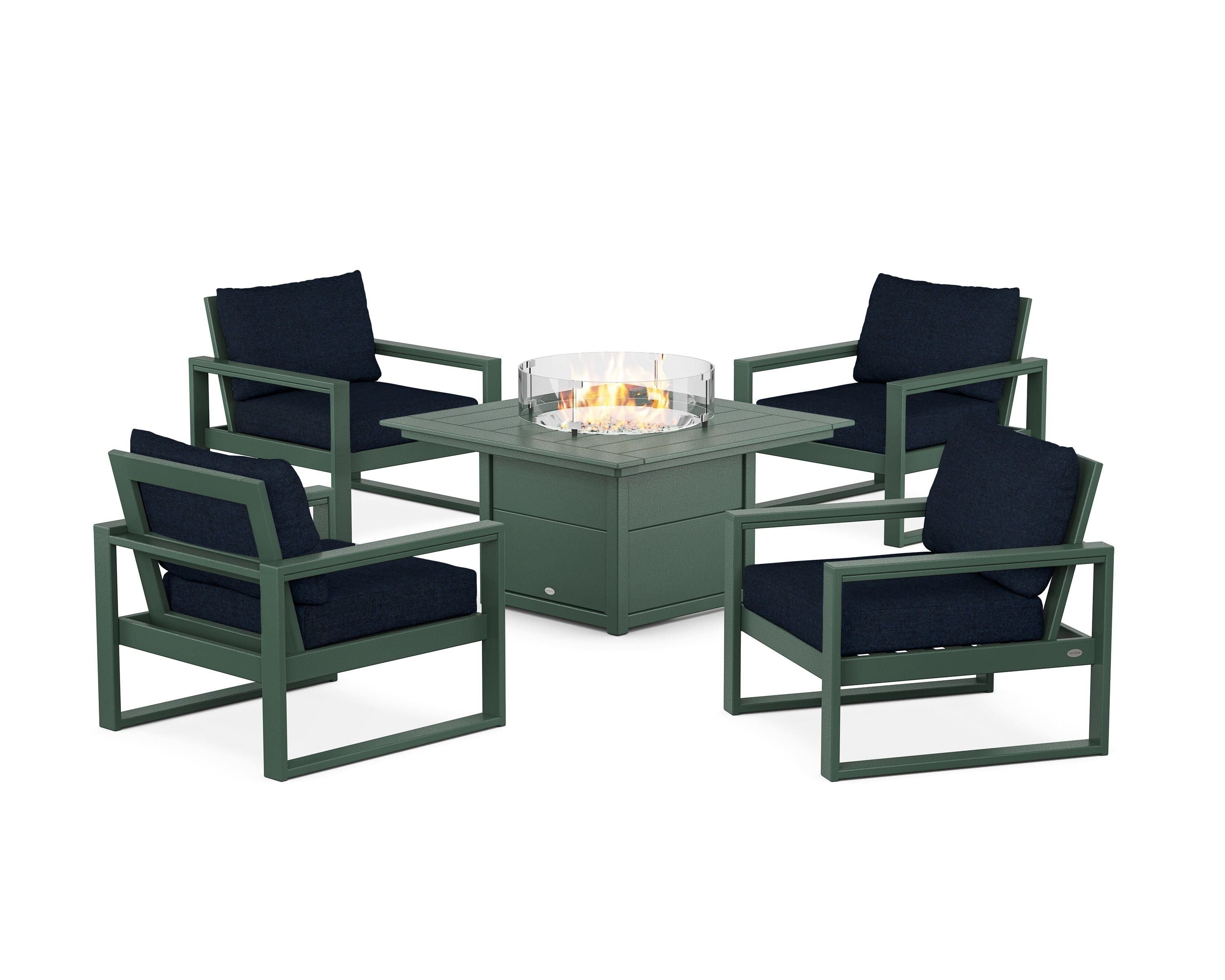 POLYWOOD® EDGE Sectional 5-Piece Deep Seating Set with Fire Pit Table in Green / Marine Indigo