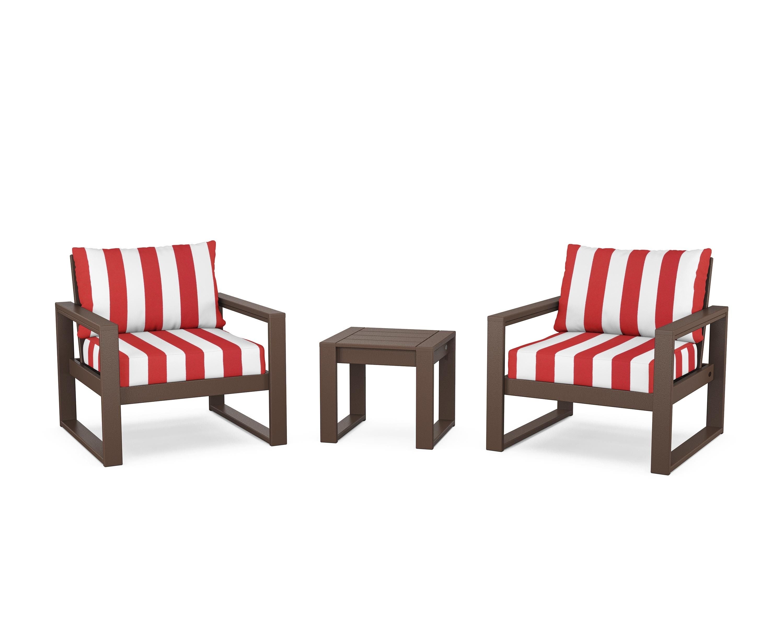 POLYWOOD® EDGE Sectional 3-Piece Deep Seating Set in Mahogany / Cabana Stripe Crimson