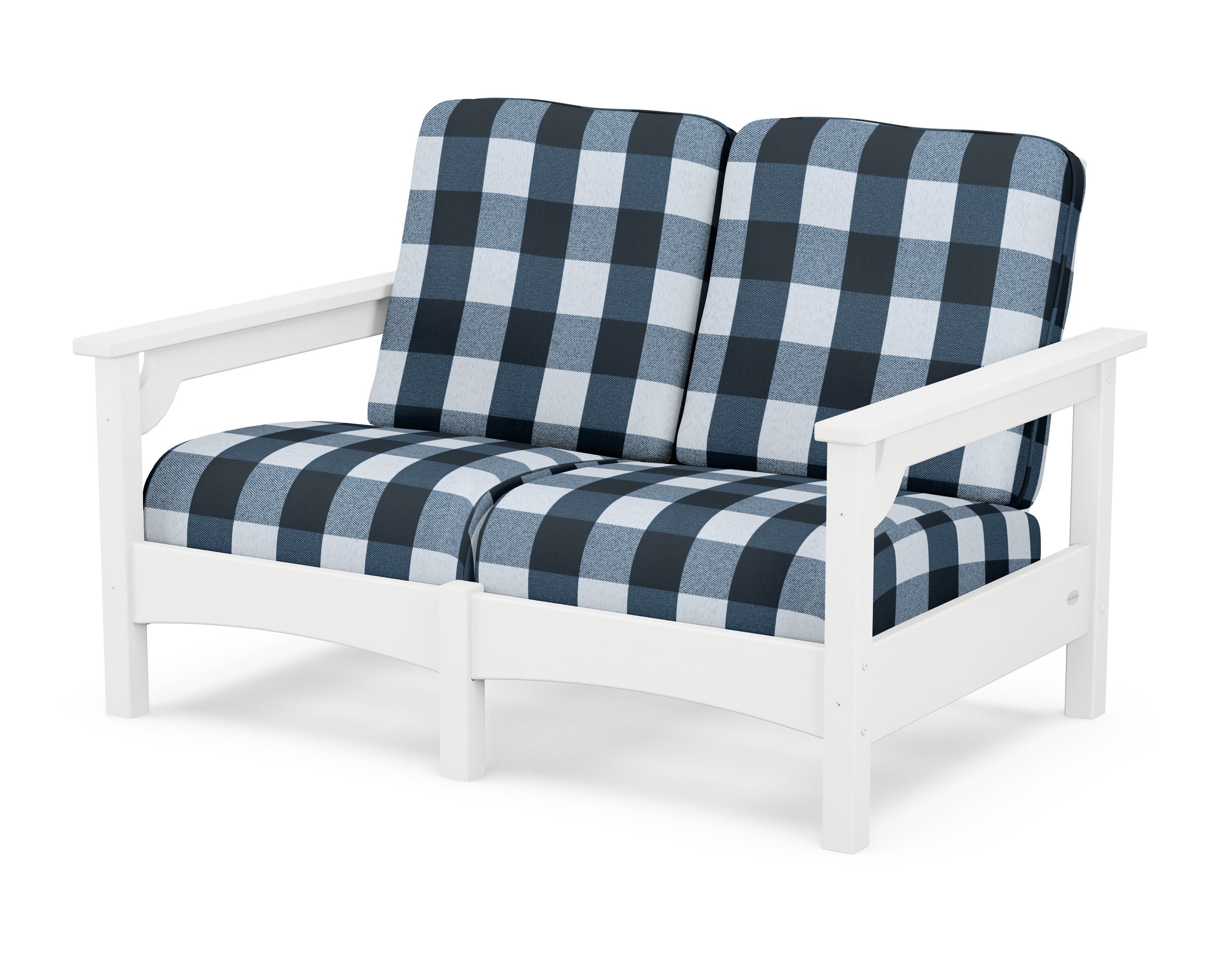 POLYWOOD® Club Loveseat in White / Buffalo Plaid Marine Indigo