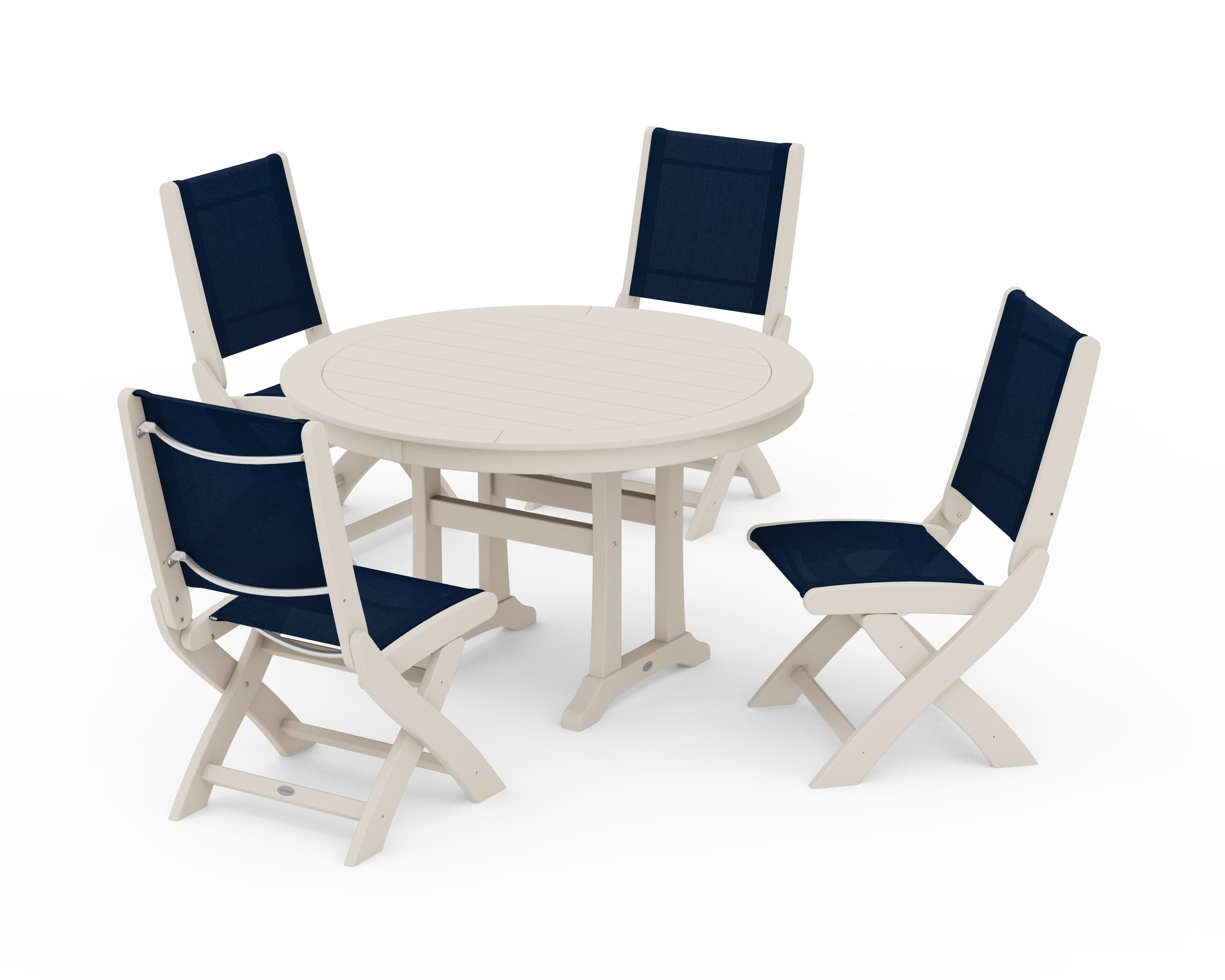 POLYWOOD® Coastal Folding Side Chair 5-Piece Round Dining Set With Trestle Legs in Sand / Navy Blue Sling