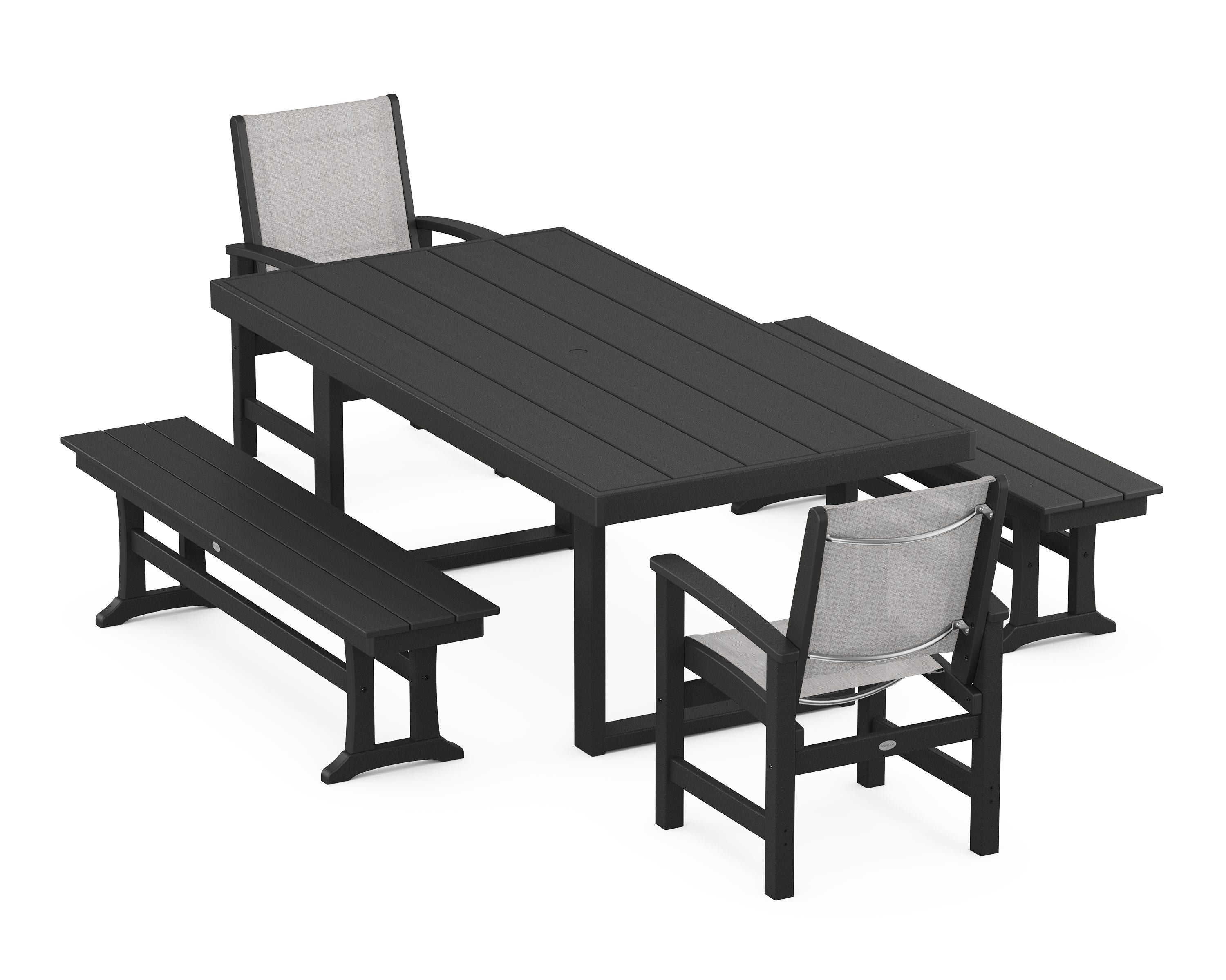 POLYWOOD® Coastal 5-Piece Dining Set with Trestle Legs in Black / Parchment Sling