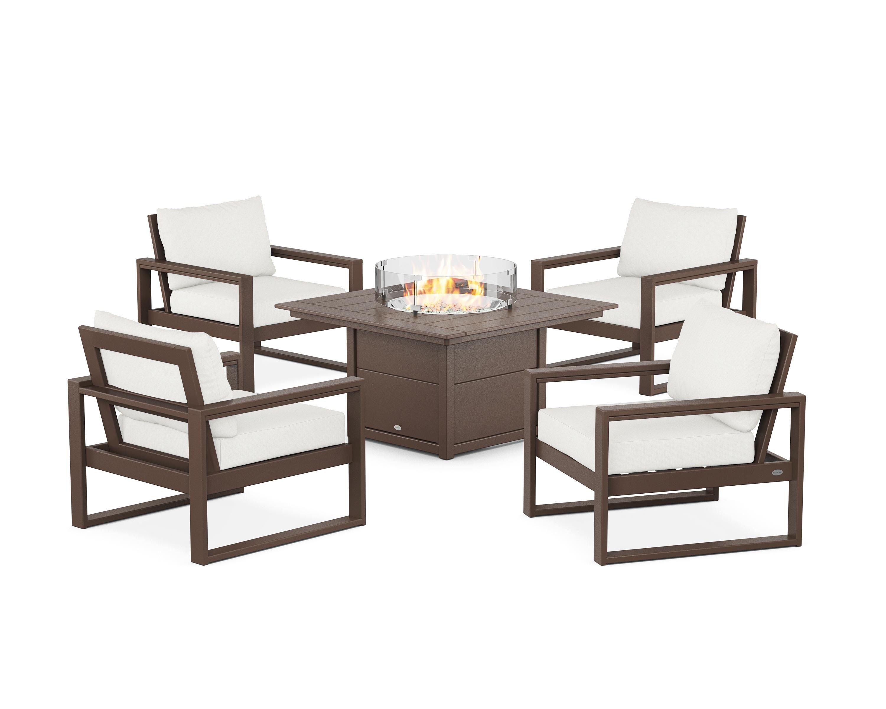 POLYWOOD® EDGE Sectional 5-Piece Deep Seating Set with Fire Pit Table in Mahogany / Natural Linen
