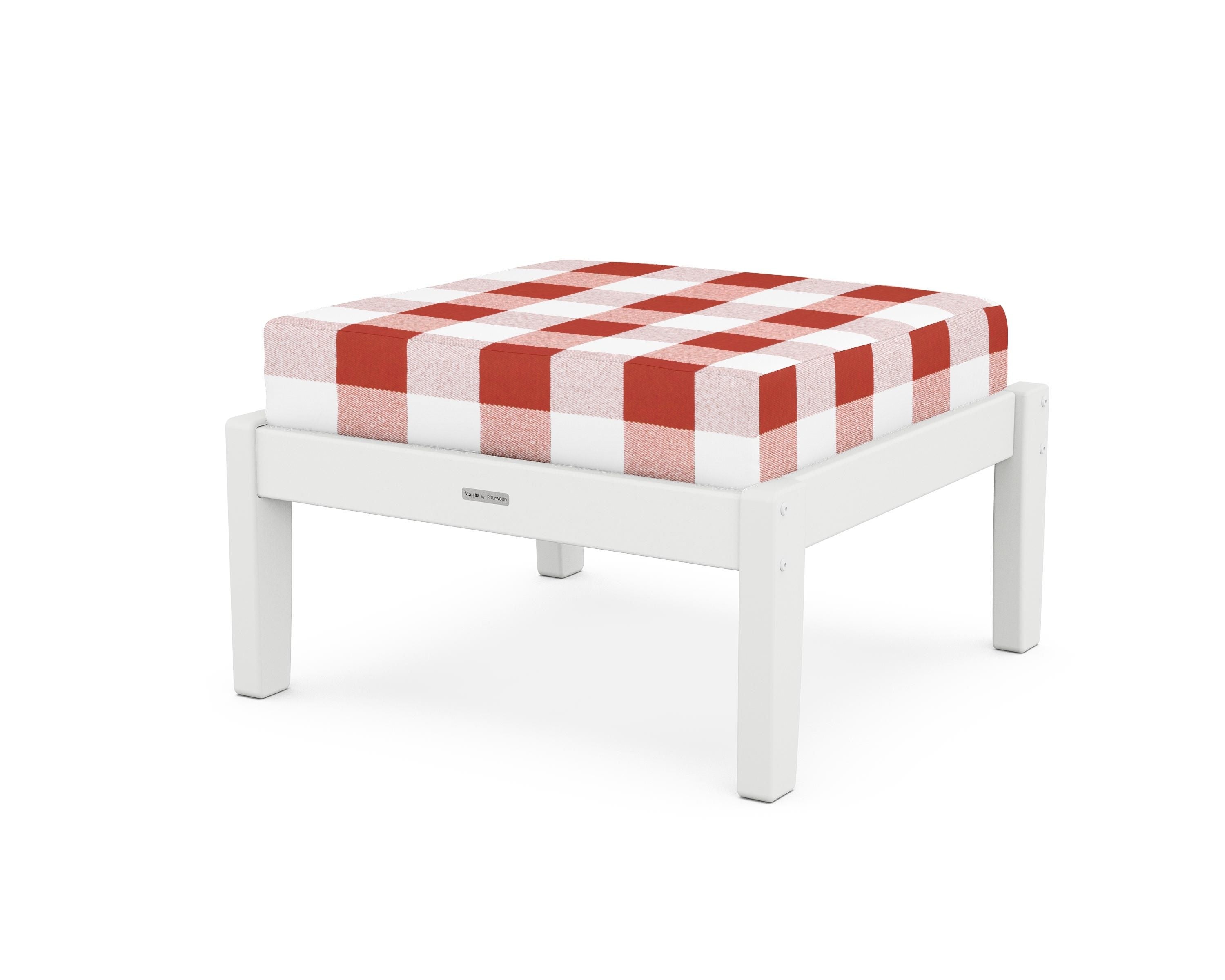 Martha Stewart by POLYWOOD® Chinoiserie Deep Seating Ottoman in White / Buffalo Plaid Crimson