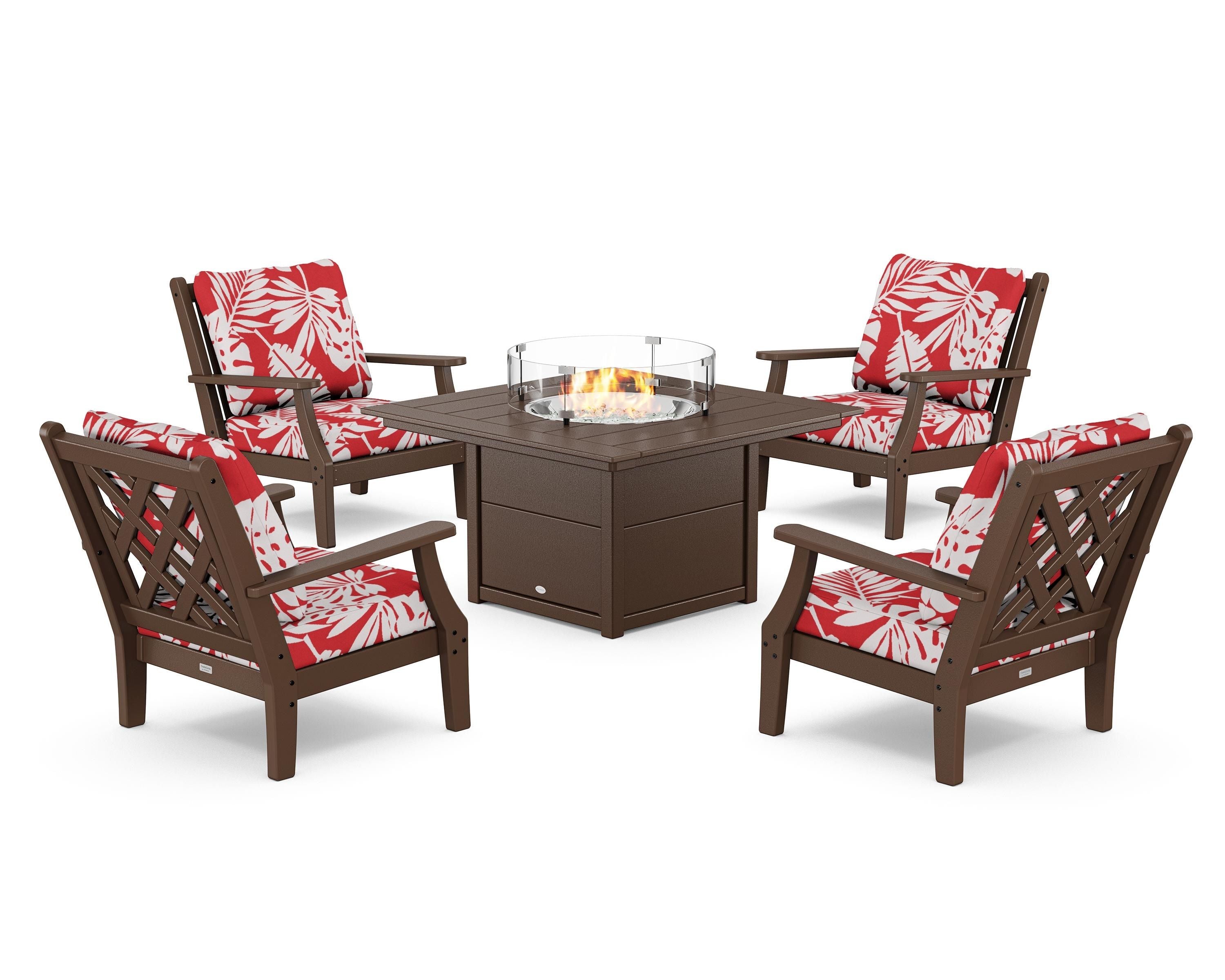 Country Living Wovendale 5-Piece Deep Seating Set with Fire Pit Table in Mahogany / Leaf Crimson