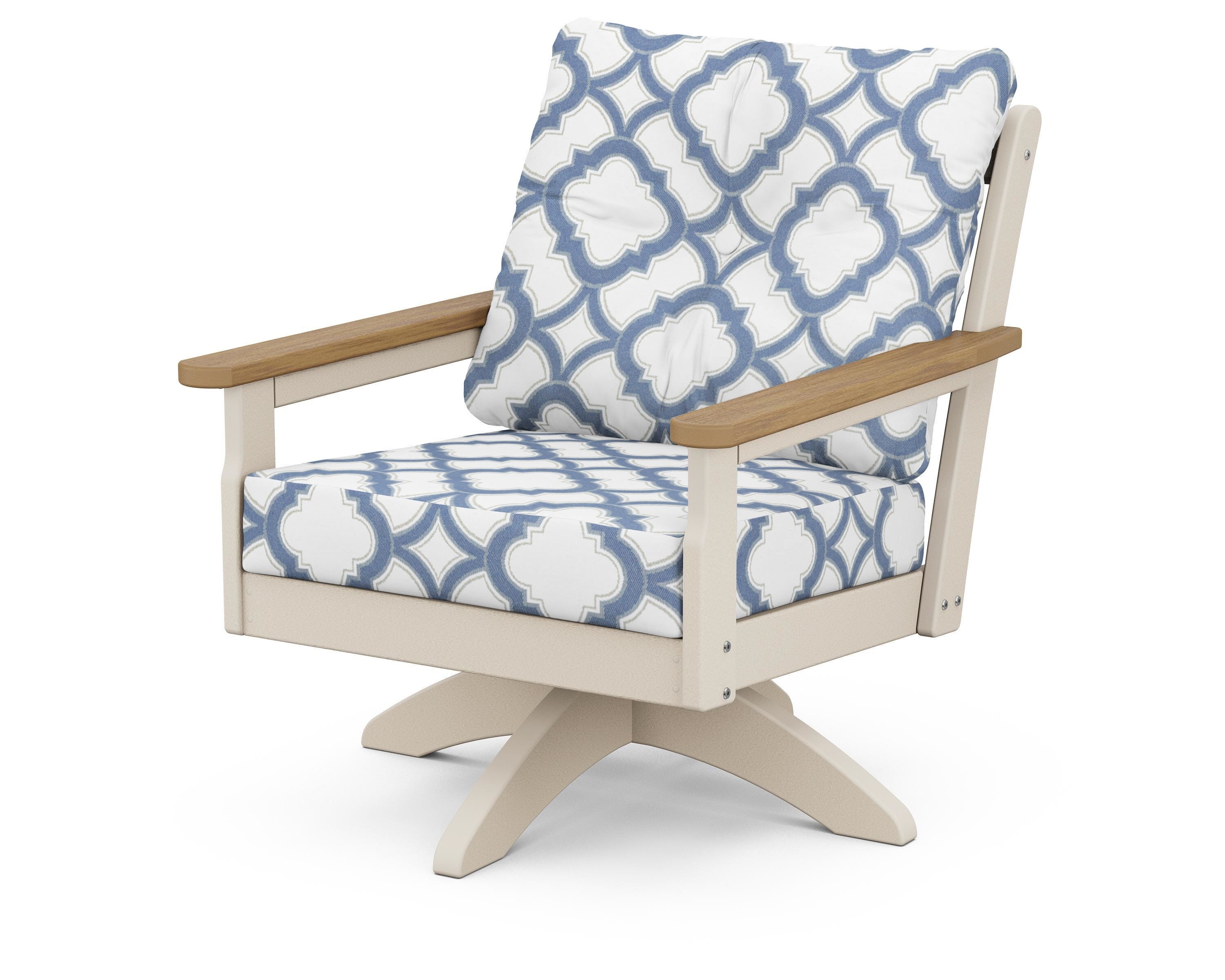 POLYWOOD® Vineyard Deep Seating Swivel Chair in Sand / Natural / Trellis Sky Blue