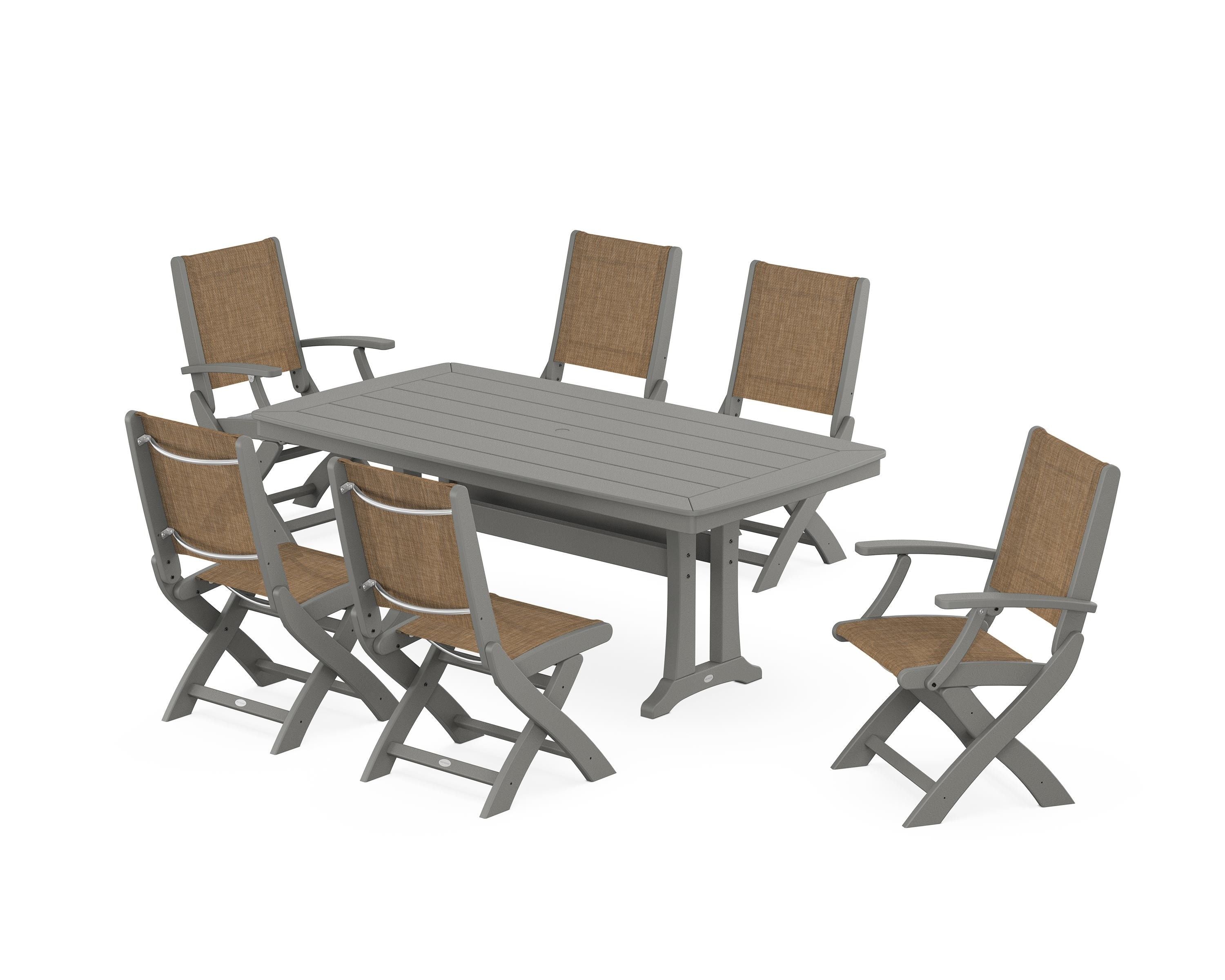 POLYWOOD® Coastal Folding Chair 7-Piece Dining Set with Trestle Legs in Slate Grey / Burlap Sling