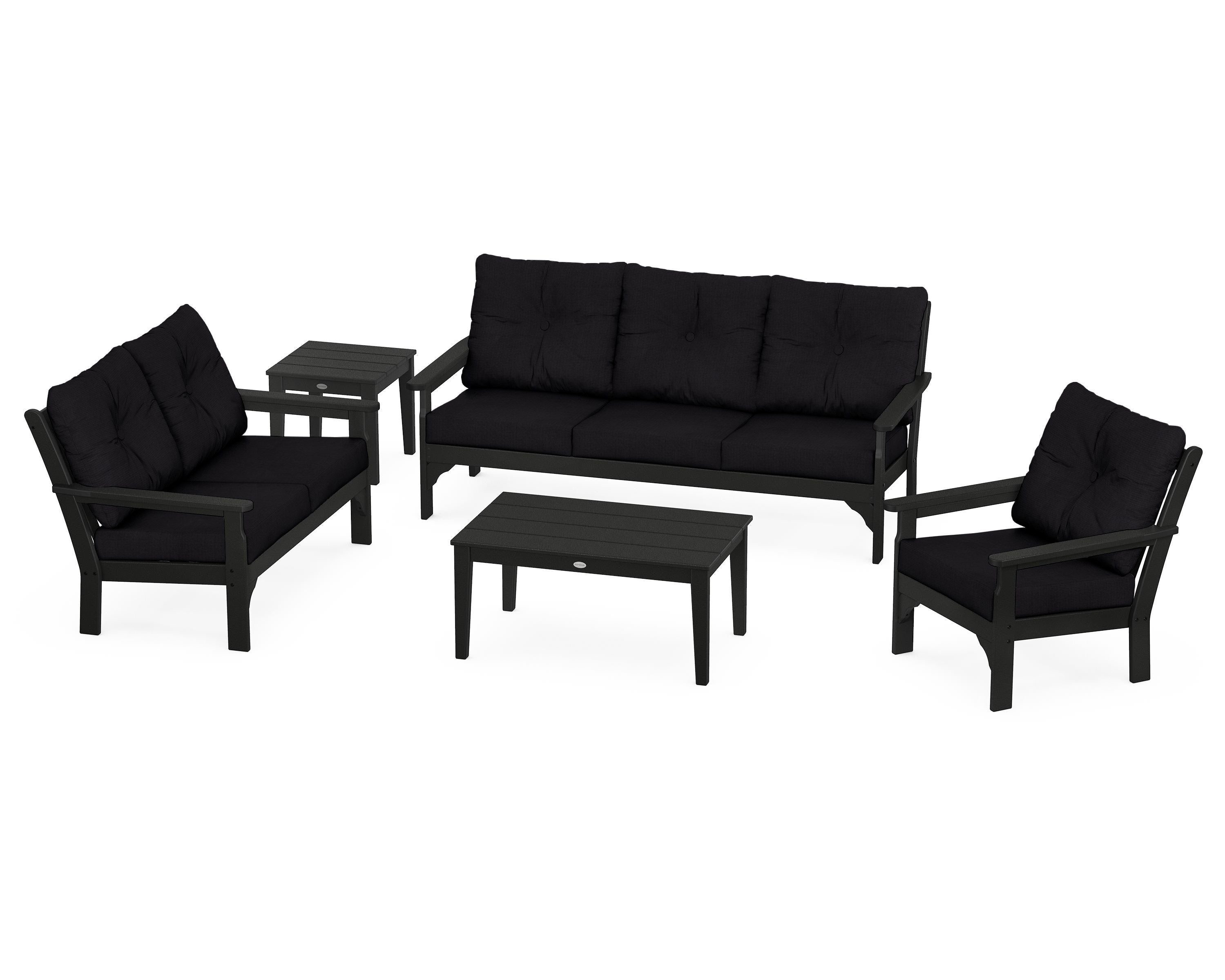 POLYWOOD® Vineyard 5 Piece Deep Seating Set in Black / Midnight Linen