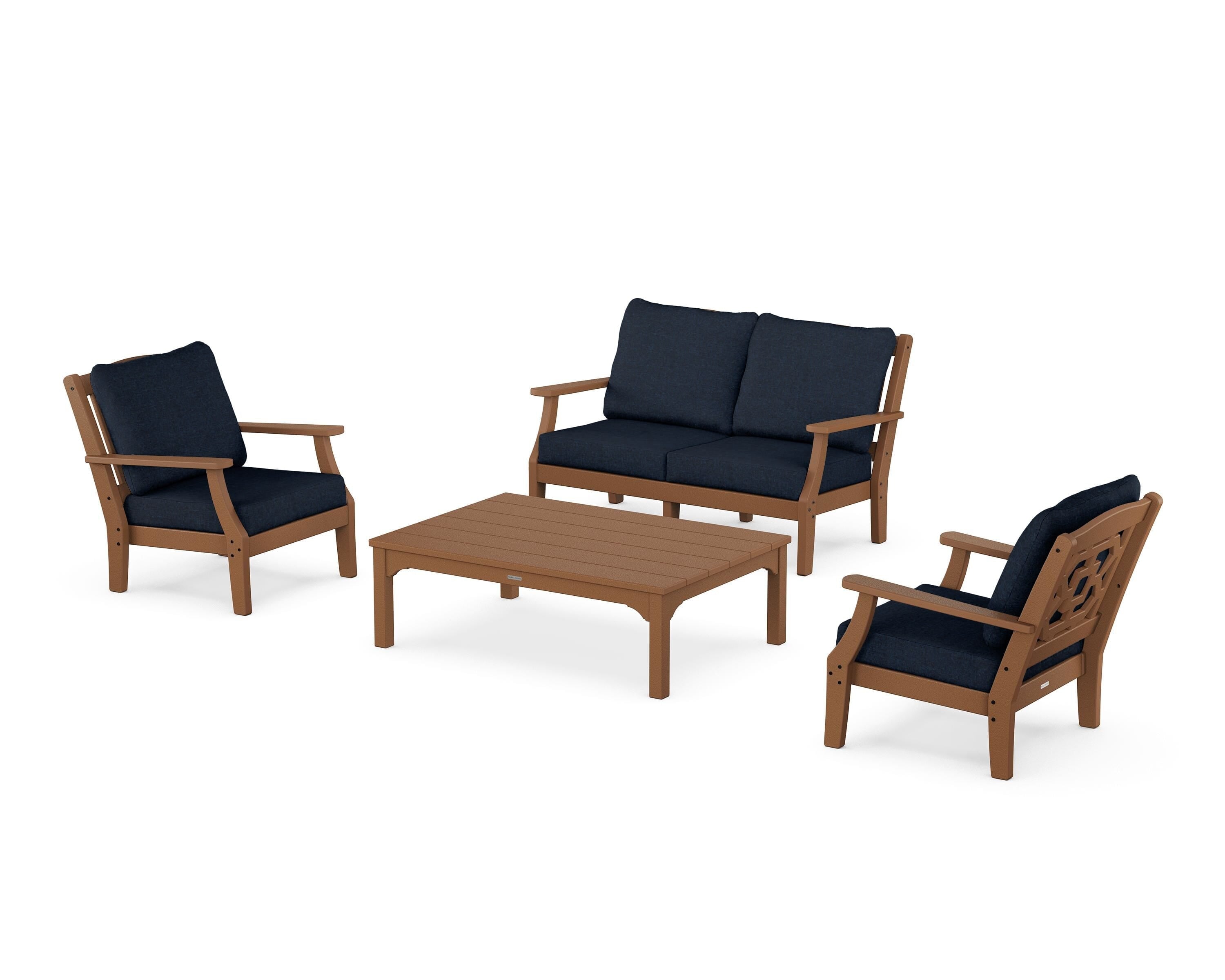 Martha Stewart by POLYWOOD® Chinoiserie 4-Piece Deep Seating Set with Loveseat in Teak / Marine Indigo