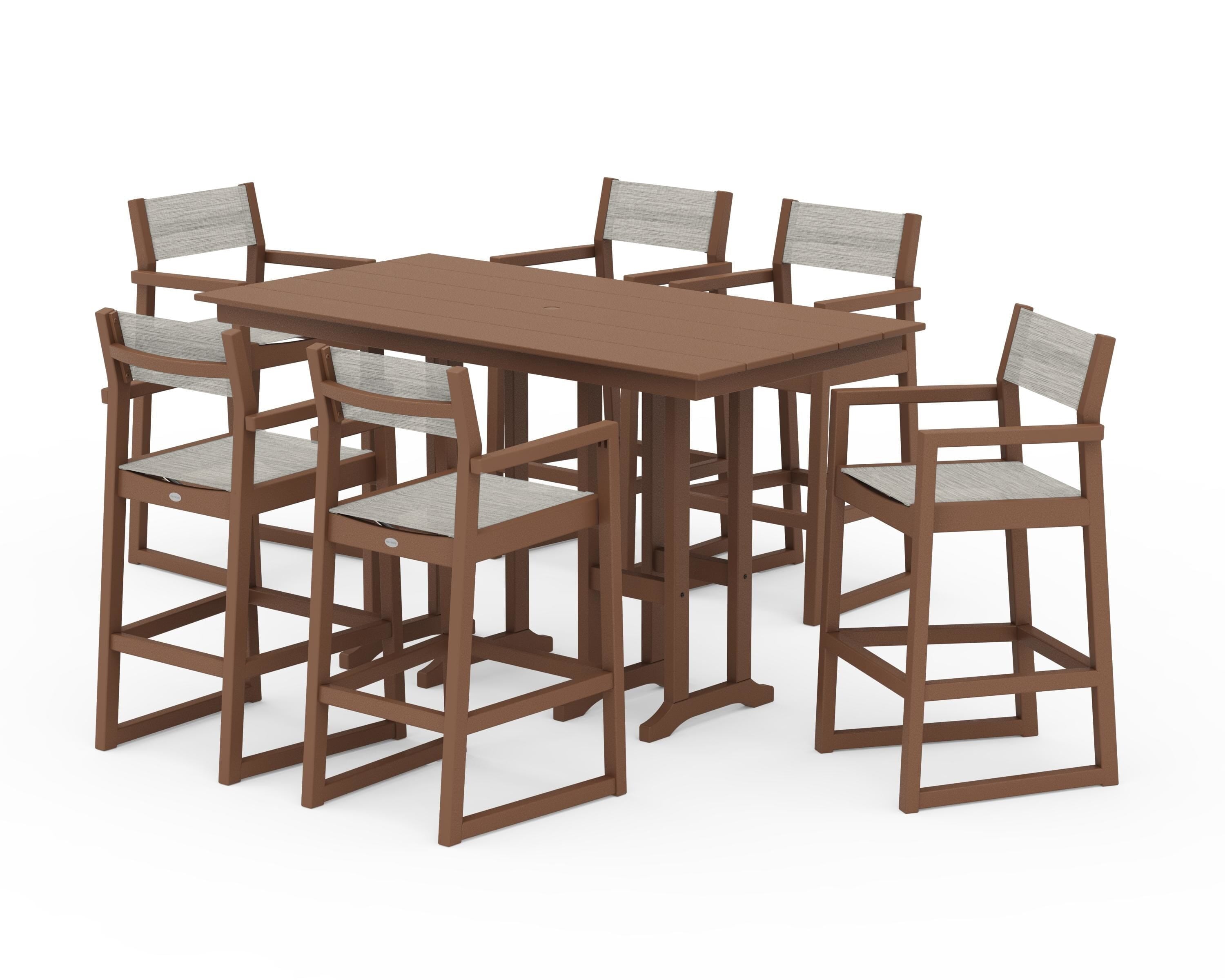 POLYWOOD® EDGE Sling Arm Chair 7-Piece Farmhouse Bar Set in Teak / Birch Sling