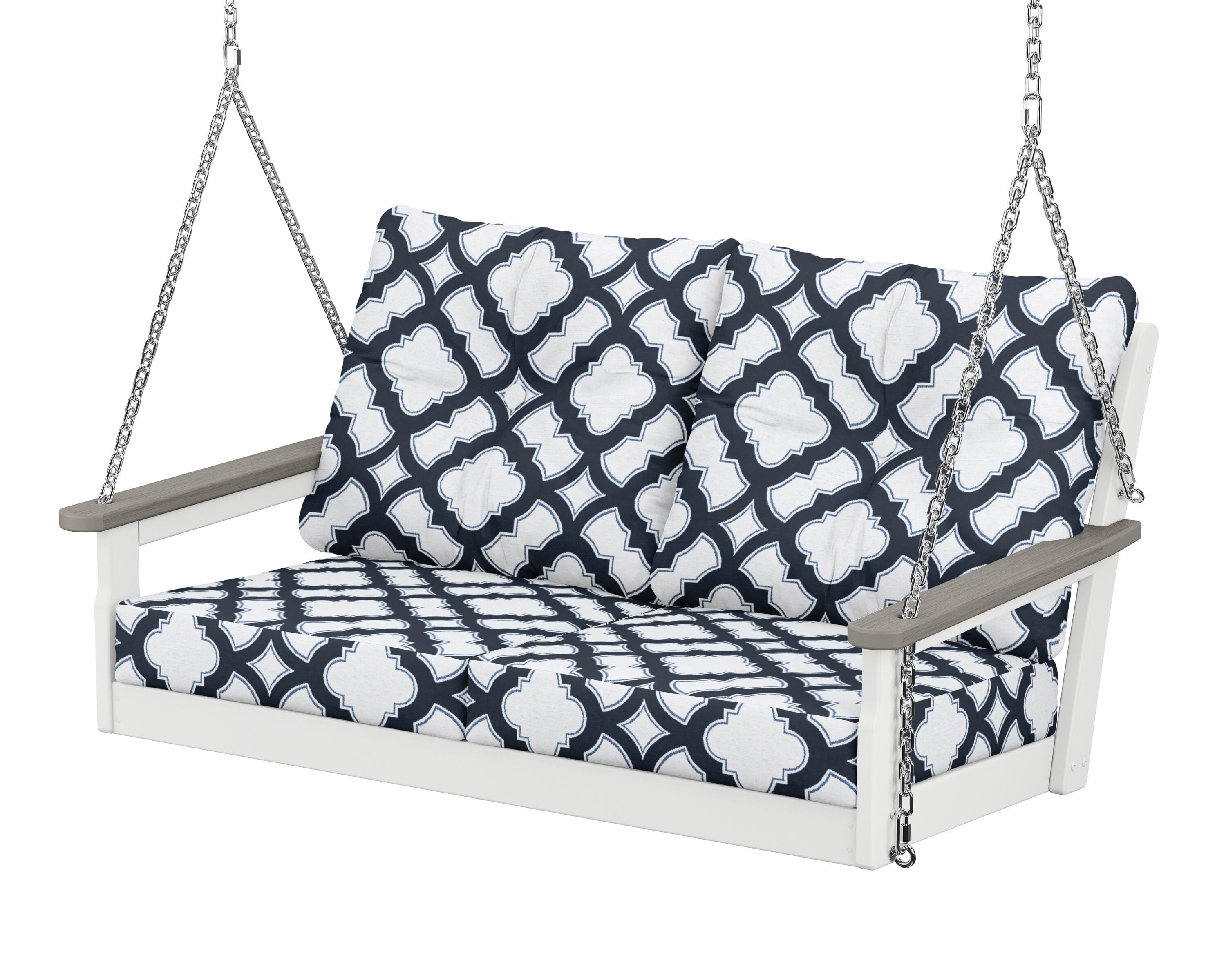 POLYWOOD® Vineyard Deep Seating Swing in White / Driftwood / Trellis Marine Indigo