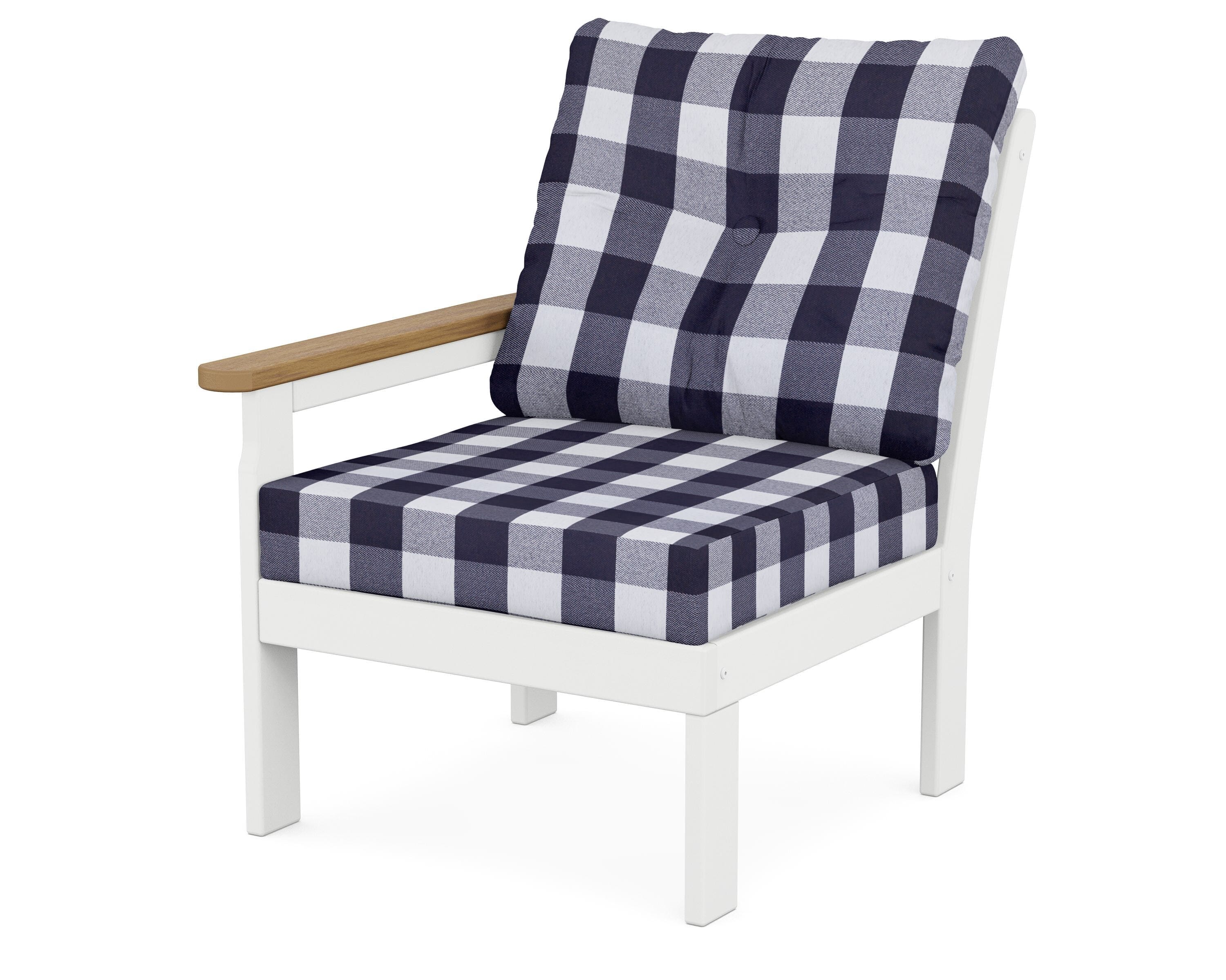 POLYWOOD® Vineyard Modular Left Arm Chair in White / Natural / Buffalo Plaid Navy