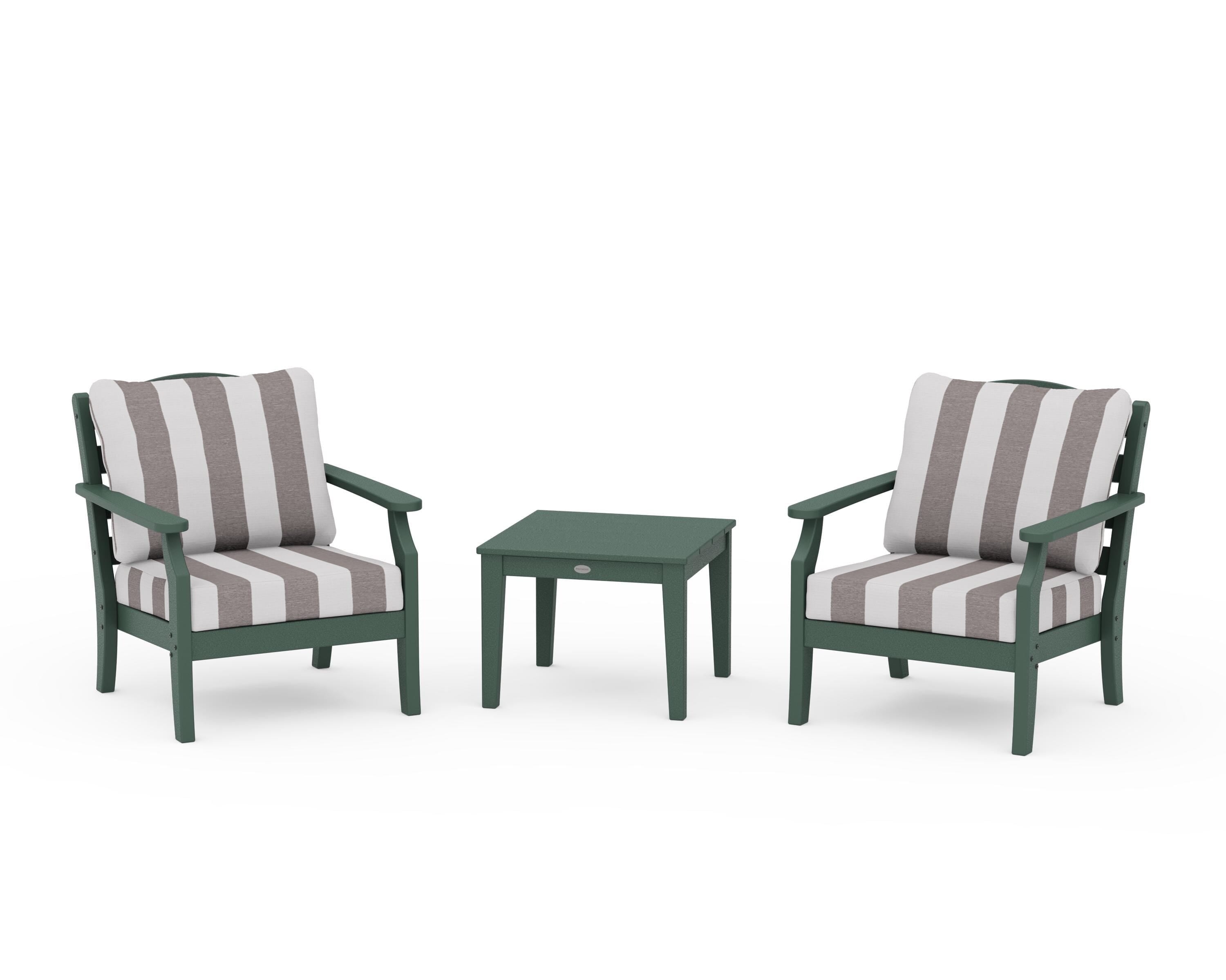 Draper James™ by POLYWOOD® Savannah 3-Piece Deep Seating Set in Green / Cabana Stripe Grey Mist