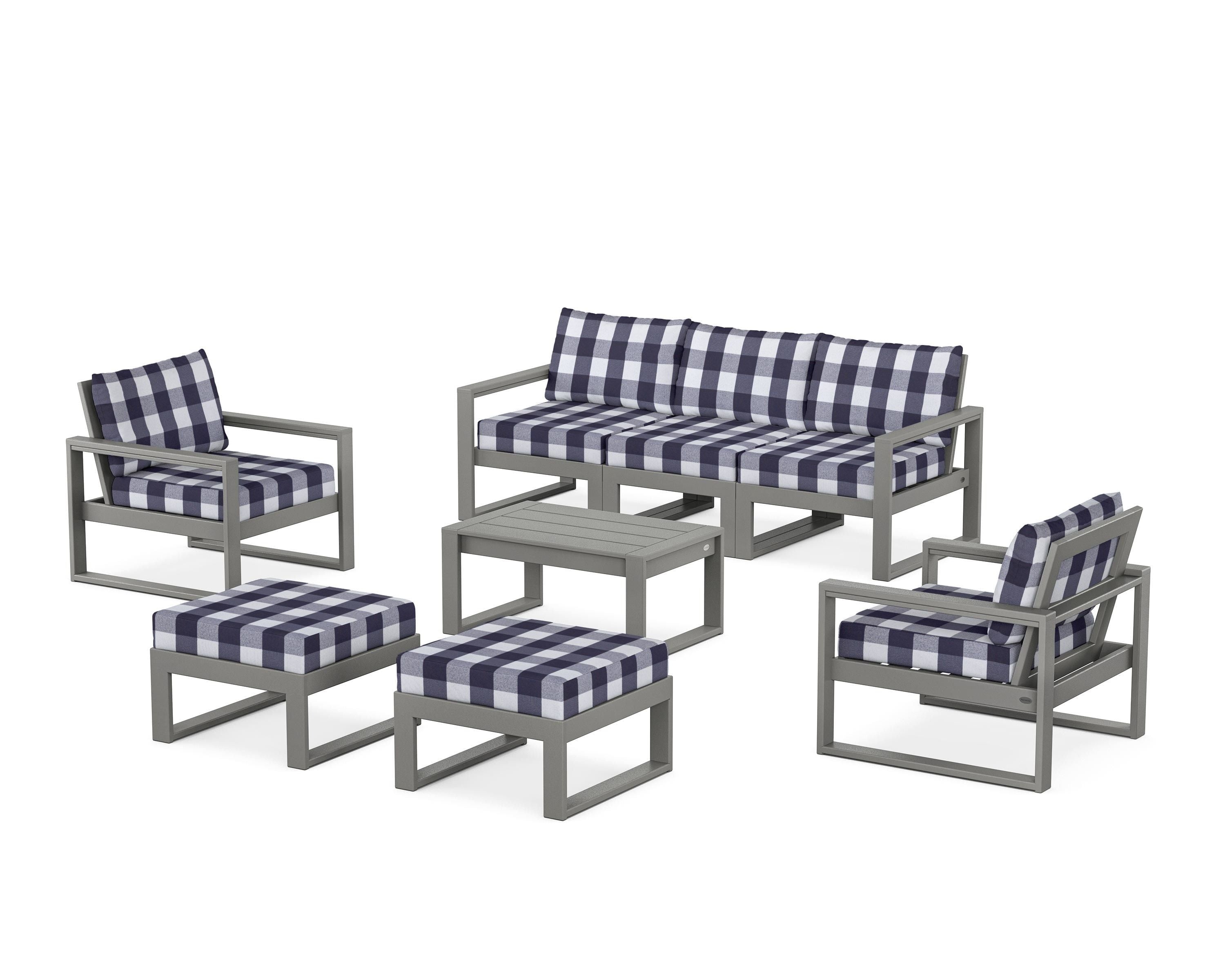 POLYWOOD® EDGE Sectional 8-Piece Lounge Sofa Set in Slate Grey / Buffalo Plaid Navy