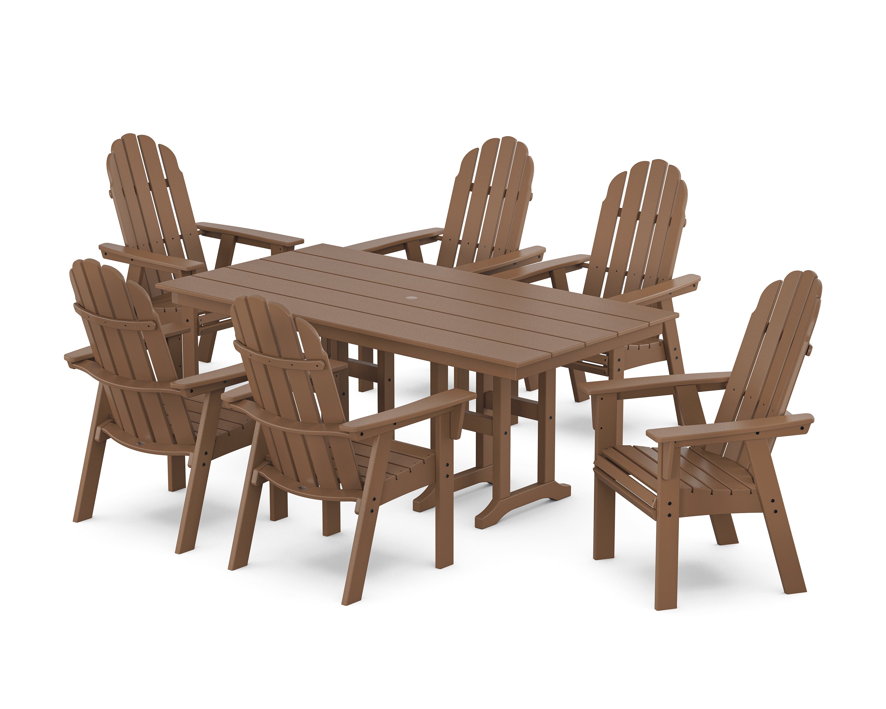 POLYWOOD® Vineyard Curveback Adirondack Chair 7-Piece Farmhouse Dining Set in Teak