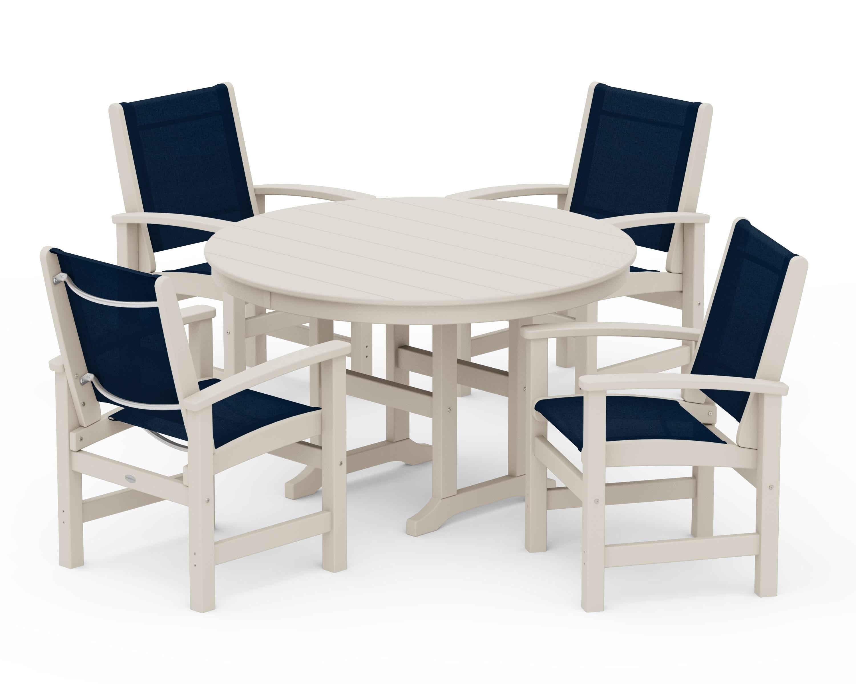 POLYWOOD® Coastal 5-Piece Round Farmhouse Dining Set in Sand / Navy Blue Sling