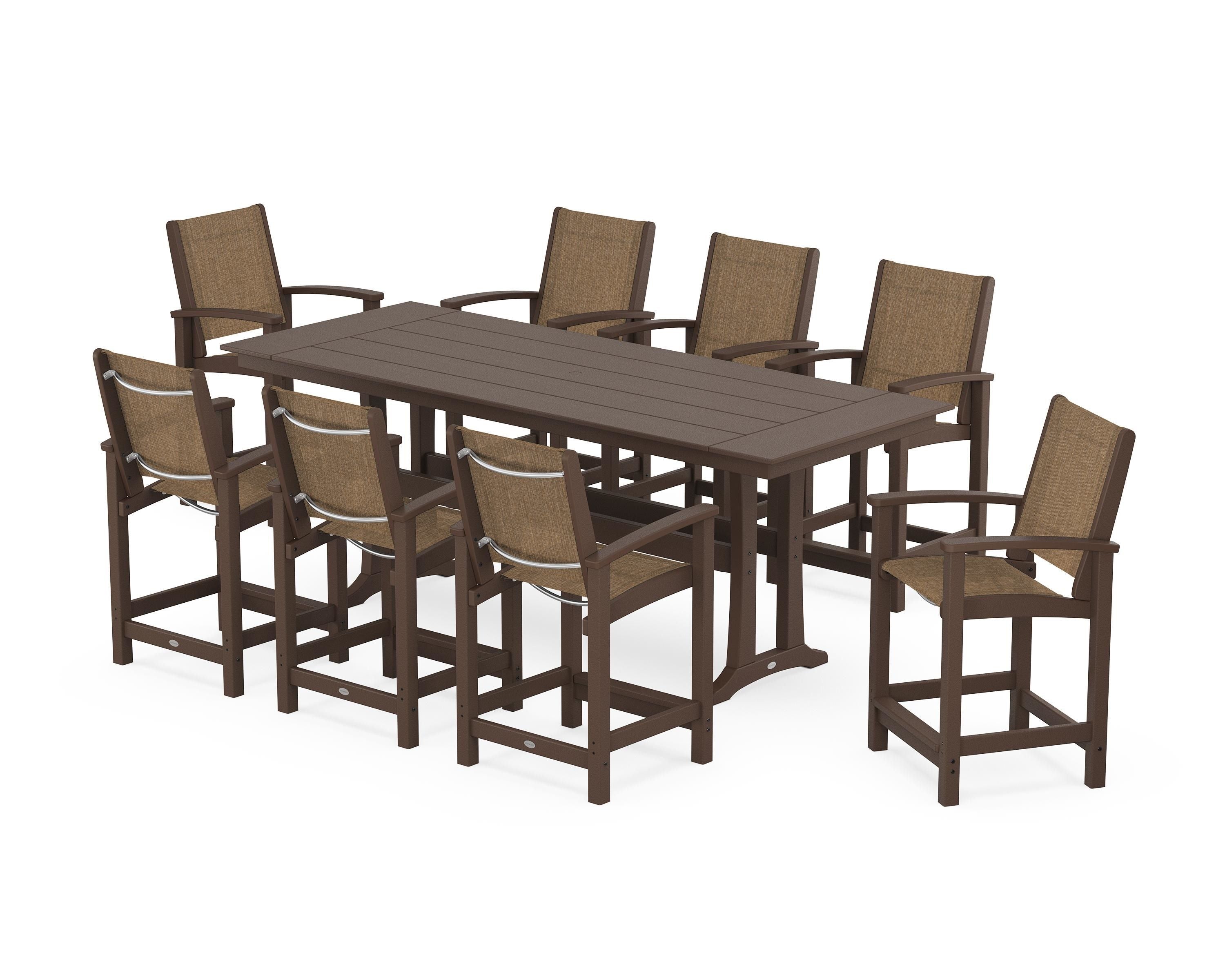 POLYWOOD® Coastal 9-Piece Farmhouse Counter Set with Trestle Legs in Mahogany / Burlap Sling