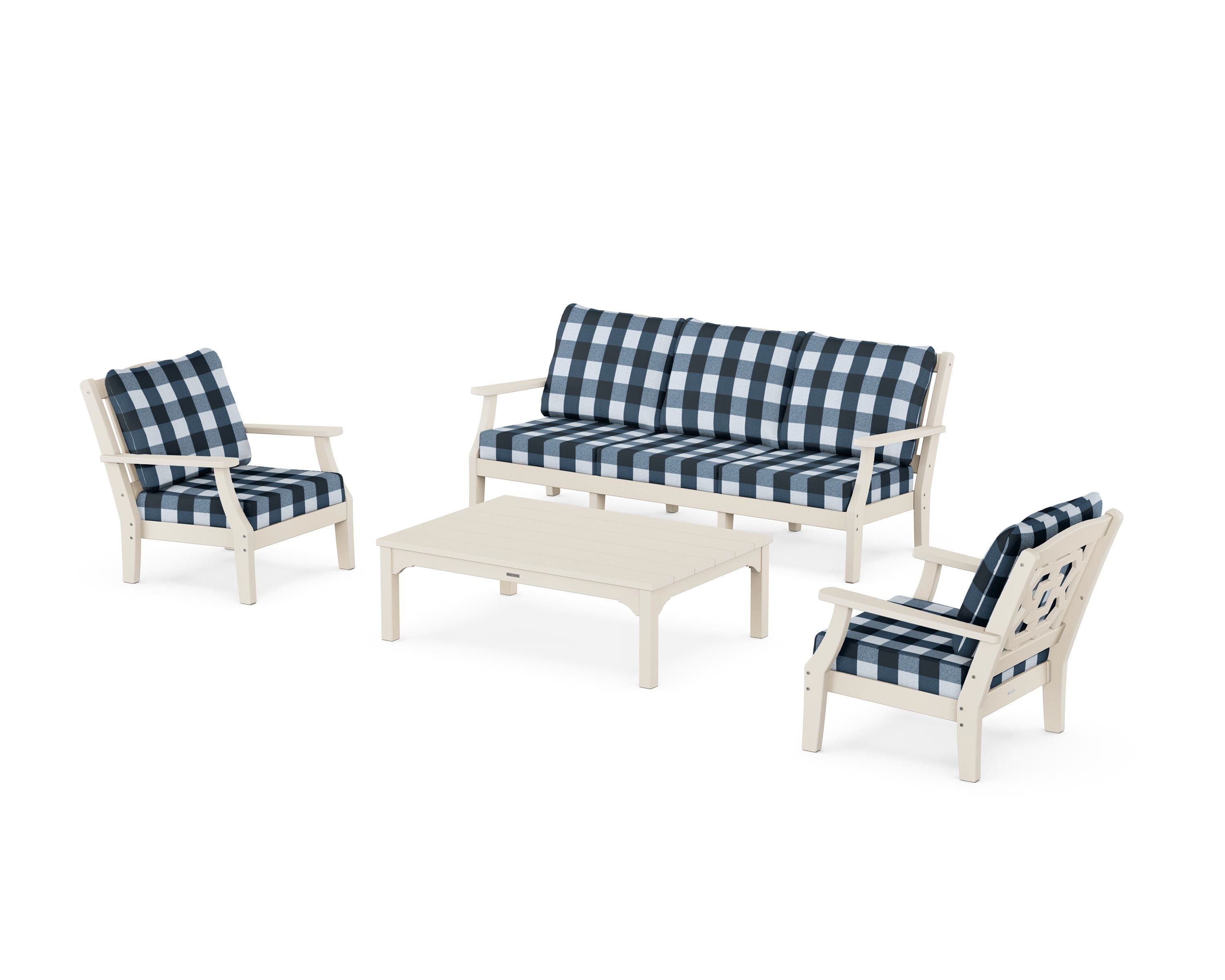 Martha Stewart by POLYWOOD® Chinoiserie 4-Piece Deep Seating Set with Sofa in Sand / Buffalo Plaid Marine Indigo