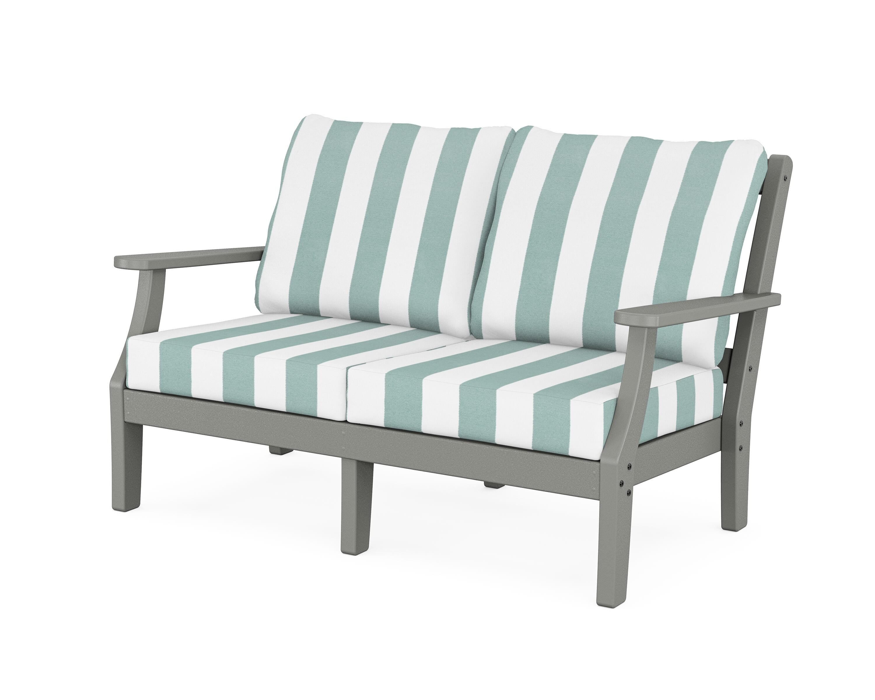 Martha Stewart by POLYWOOD® Chinoiserie Deep Seating Loveseat in Slate Grey / Cabana Stripe Glacier Spa