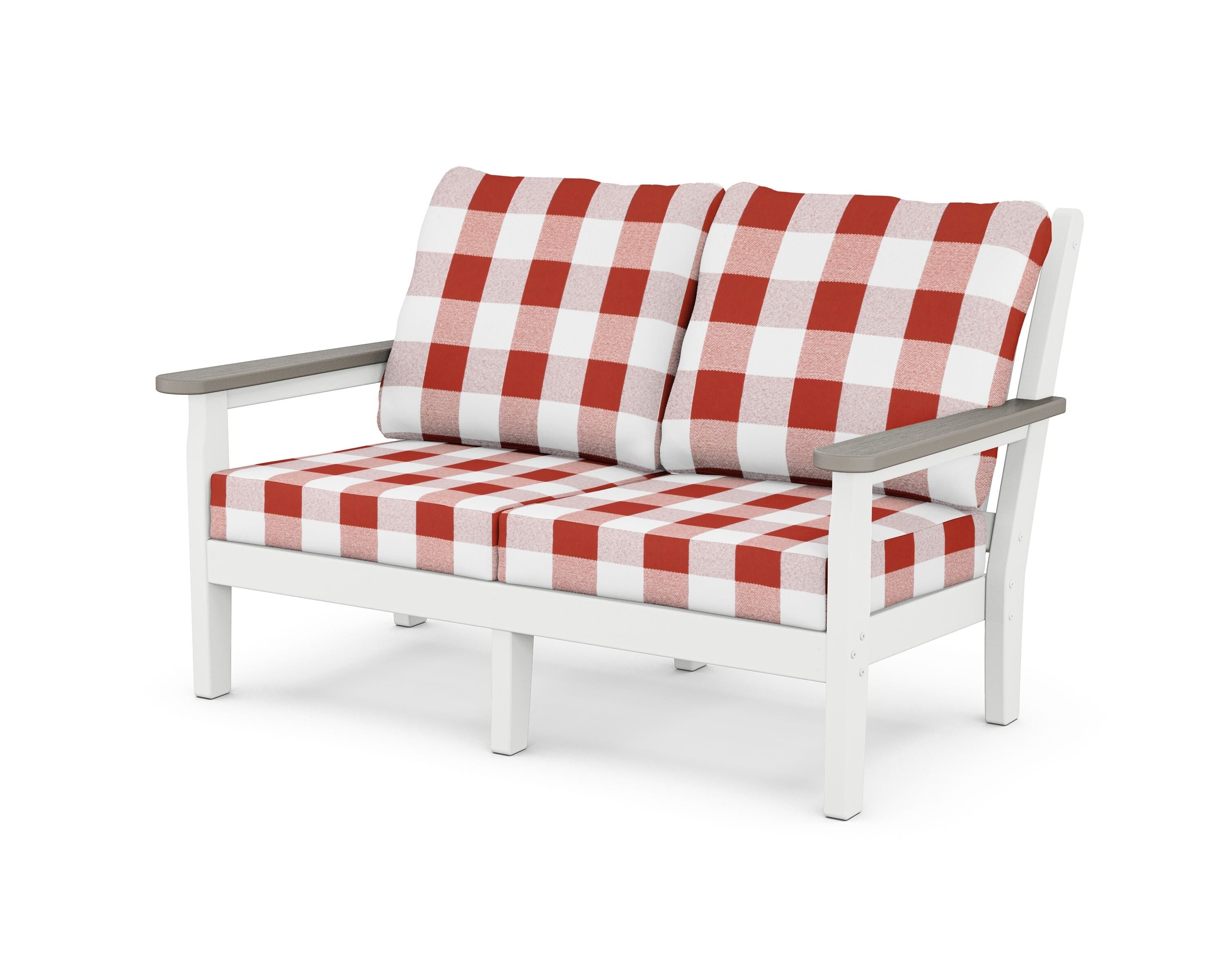 POLYWOOD® Chippendale Deep Seating Loveseat in White / Driftwood / Buffalo Plaid Crimson