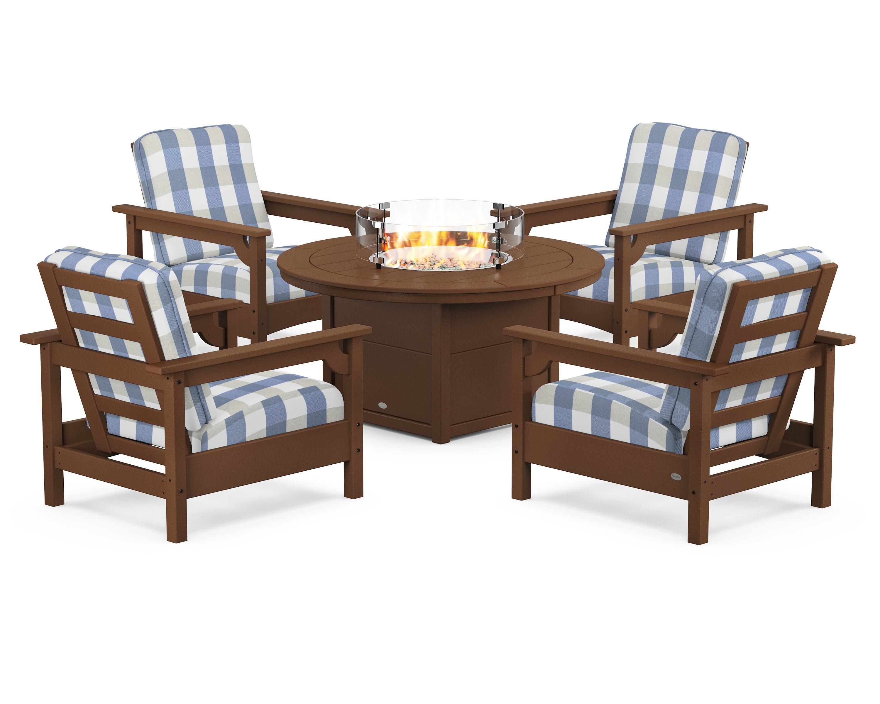 POLYWOOD® Club 5-Piece Conversation Set with Fire Pit Table in Teak / Buffalo Plaid Sky Blue