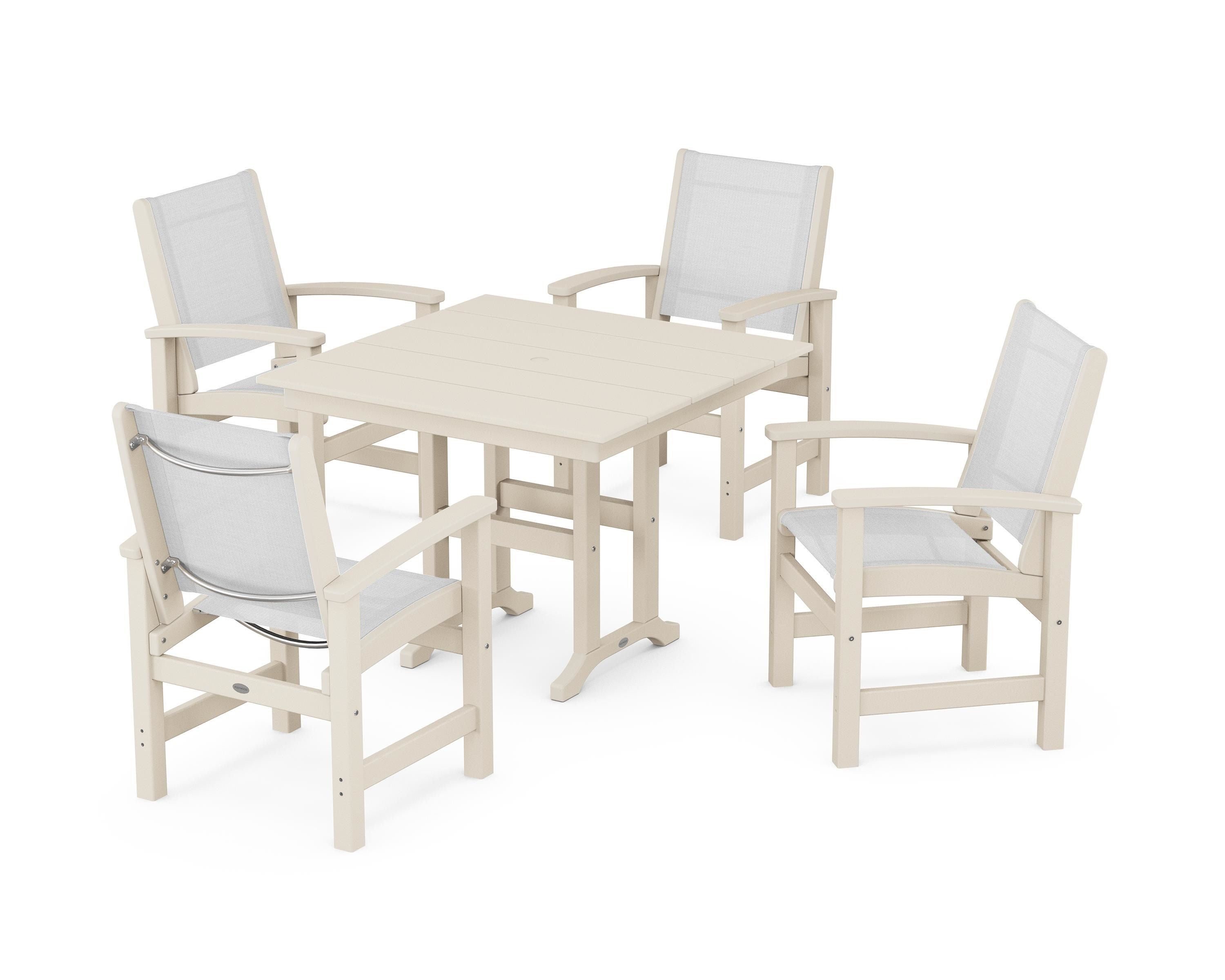 POLYWOOD® Coastal 5-Piece Farmhouse Dining Set in Sand / White Sling
