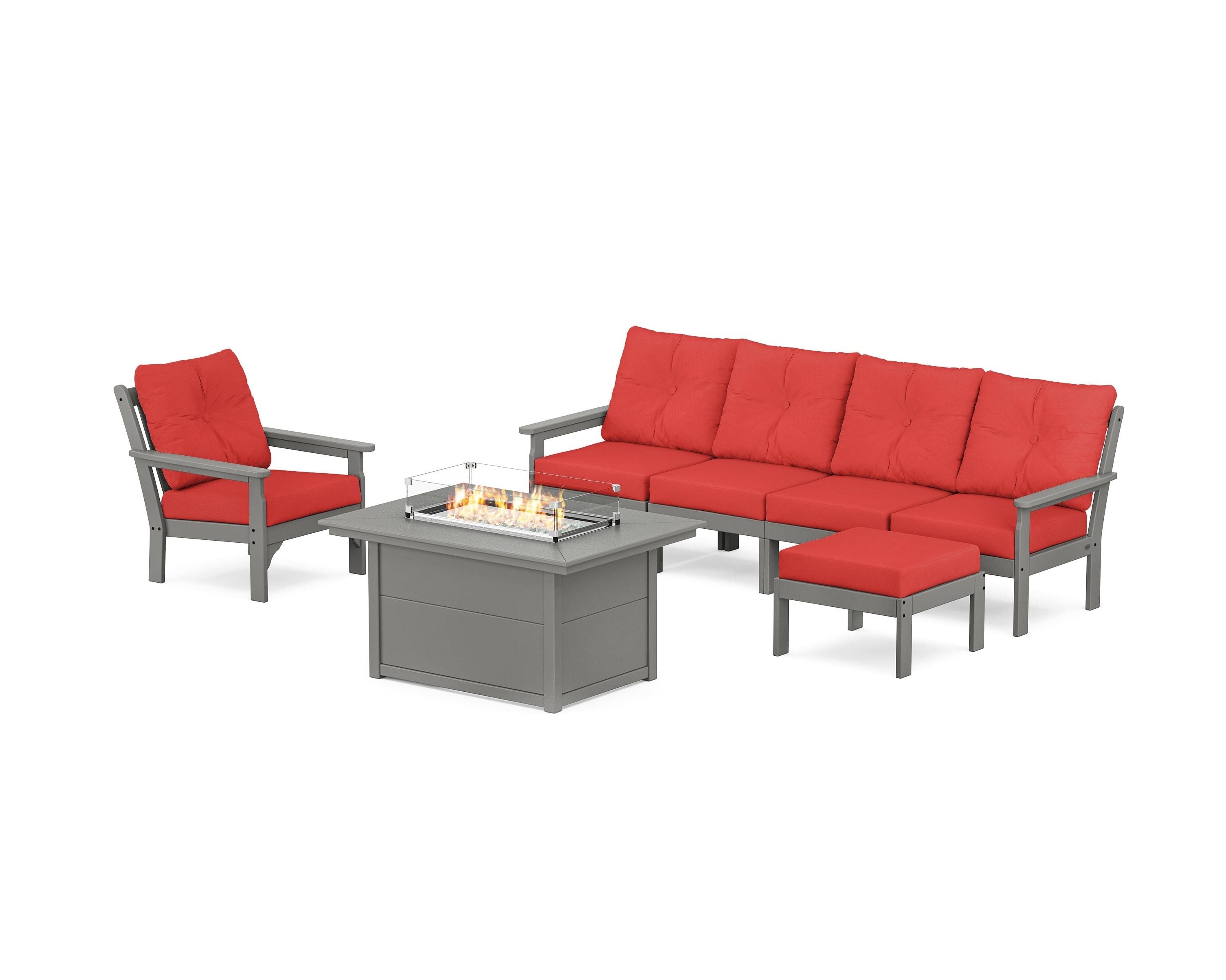 POLYWOOD® Vineyard Sectional Lounge and Fire Pit Set in Slate Grey / Crimson Linen