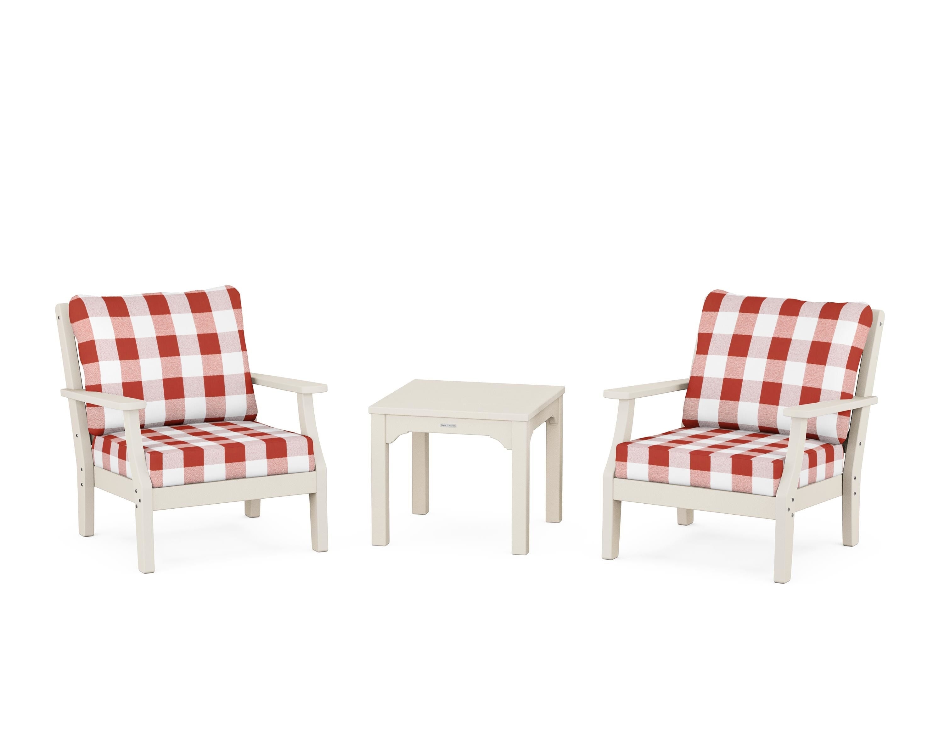 Martha Stewart by POLYWOOD® Chinoiserie 3-Piece Deep Seating Set in Sand / Buffalo Plaid Crimson