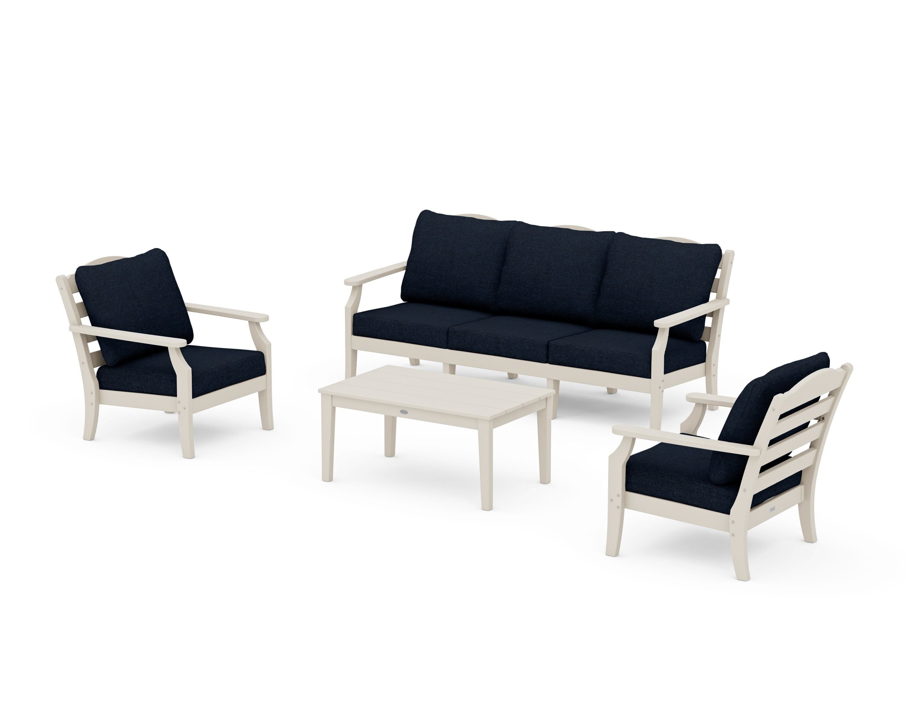 Draper James™ by POLYWOOD® Savannah 4-Piece Deep Seating Set with Sofa in Sand / Marine Indigo