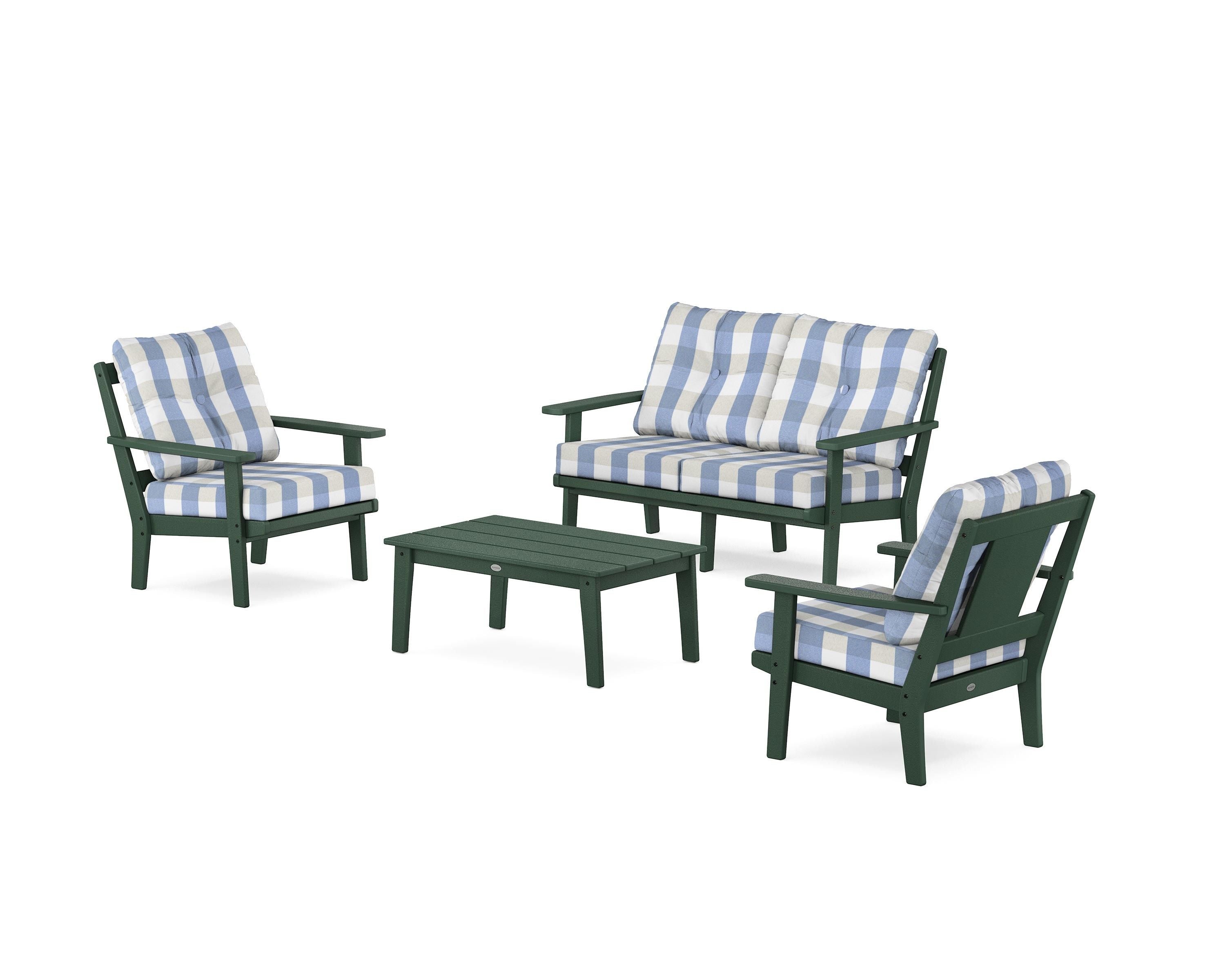 POLYWOOD® Prairie 4-Piece Deep Seating Set with Loveseat in Green / Buffalo Plaid Sky Blue