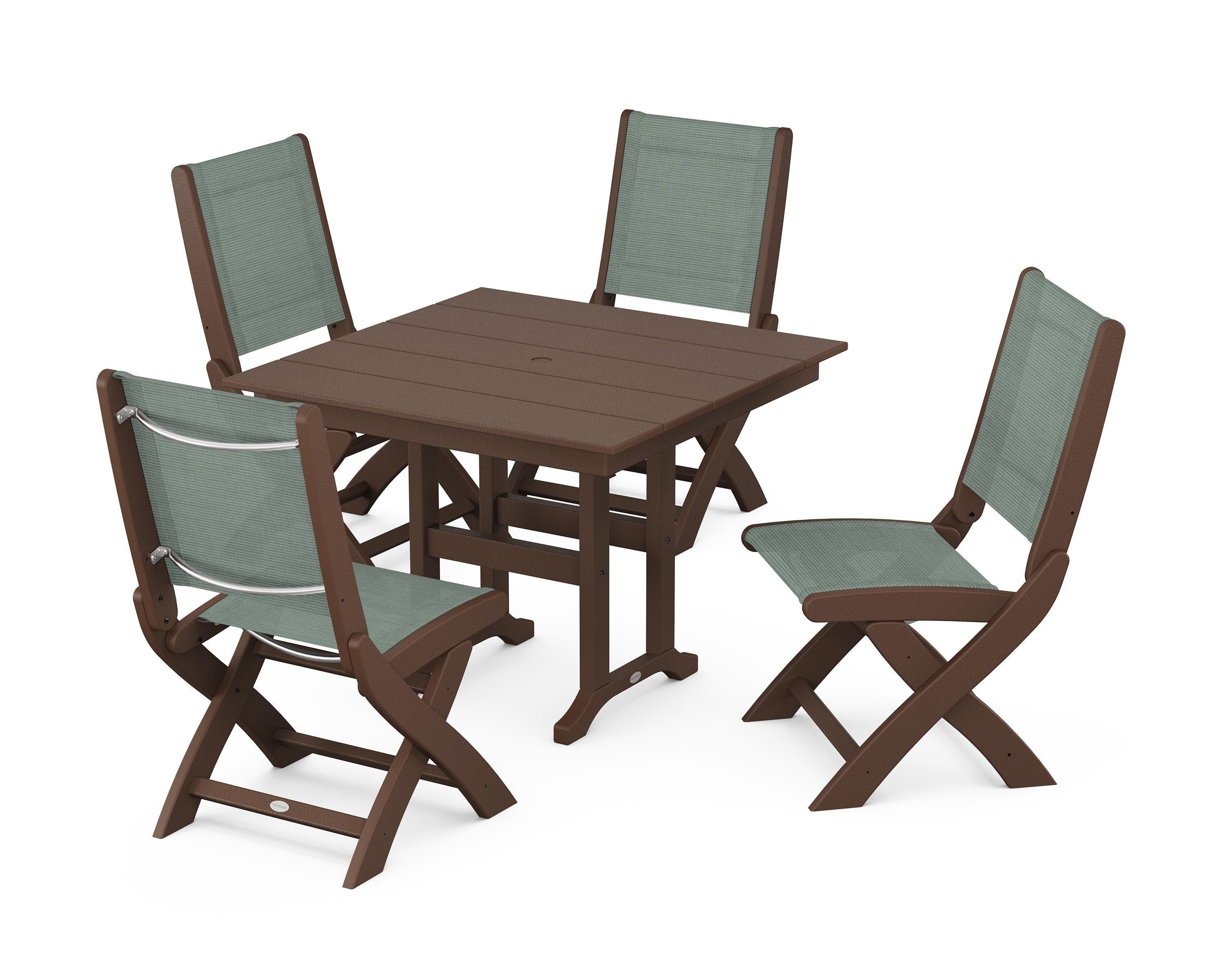POLYWOOD® Coastal Folding Side Chair 5-Piece Farmhouse Dining Set in Mahogany / Dupioni Sea Mist Sling