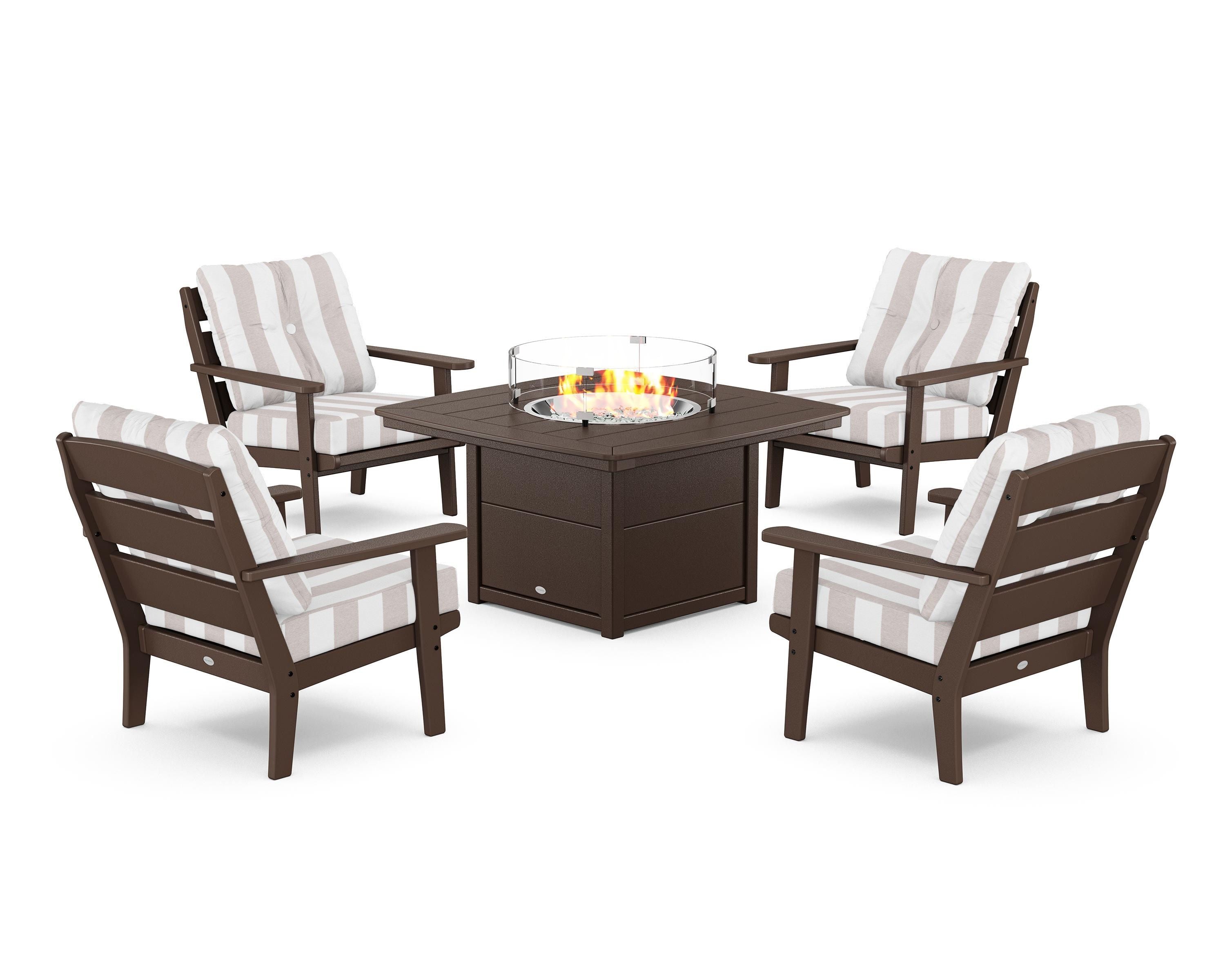 POLYWOOD® Lakeside 5-Piece Deep Seating Set with Nautical Fire Pit Table in Mahogany / Cabana Stripe Dune Burlap
