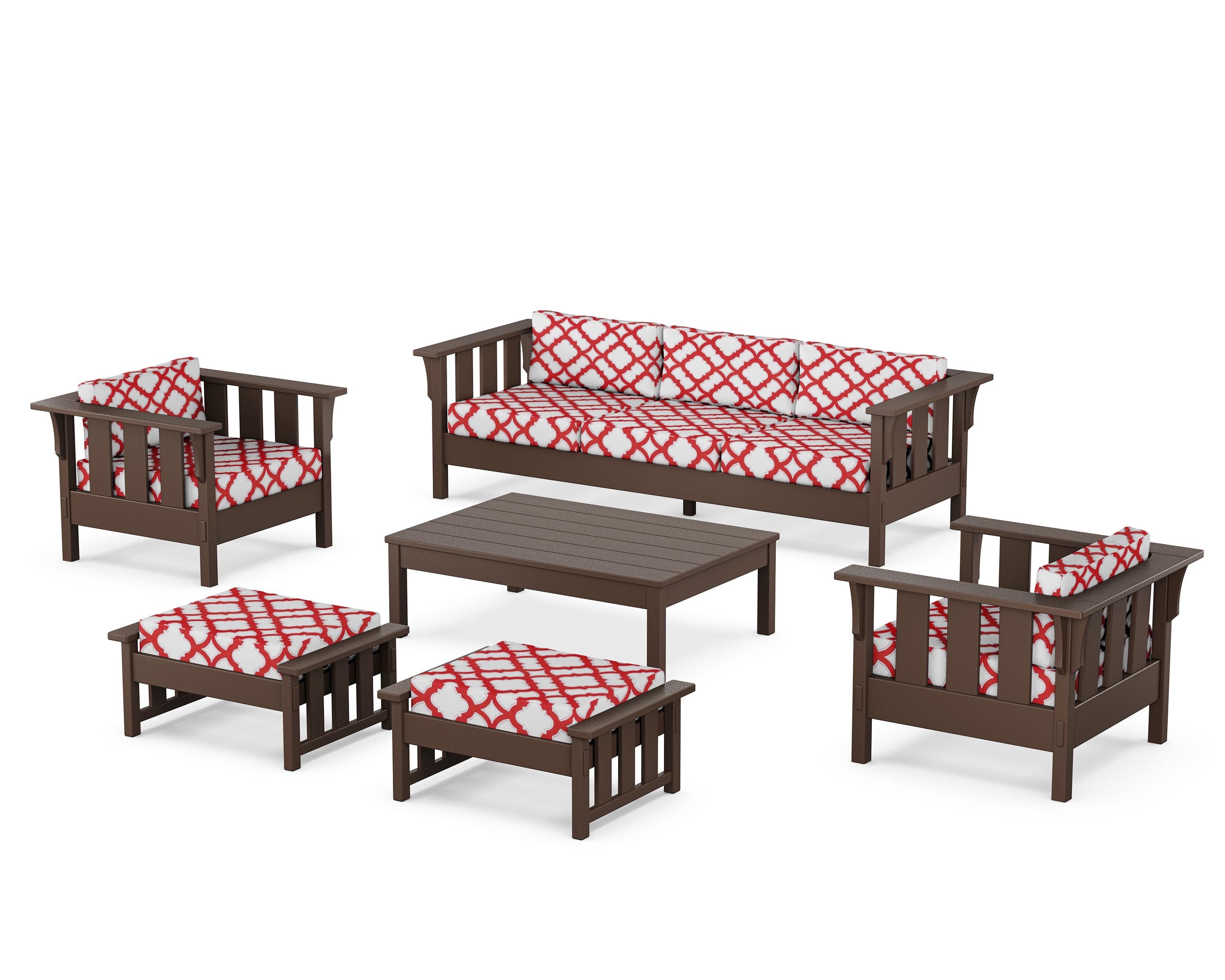 Martha Stewart by POLYWOOD® Acadia 6-Piece Lounge Sofa Set in Mahogany / Trellis Crimson