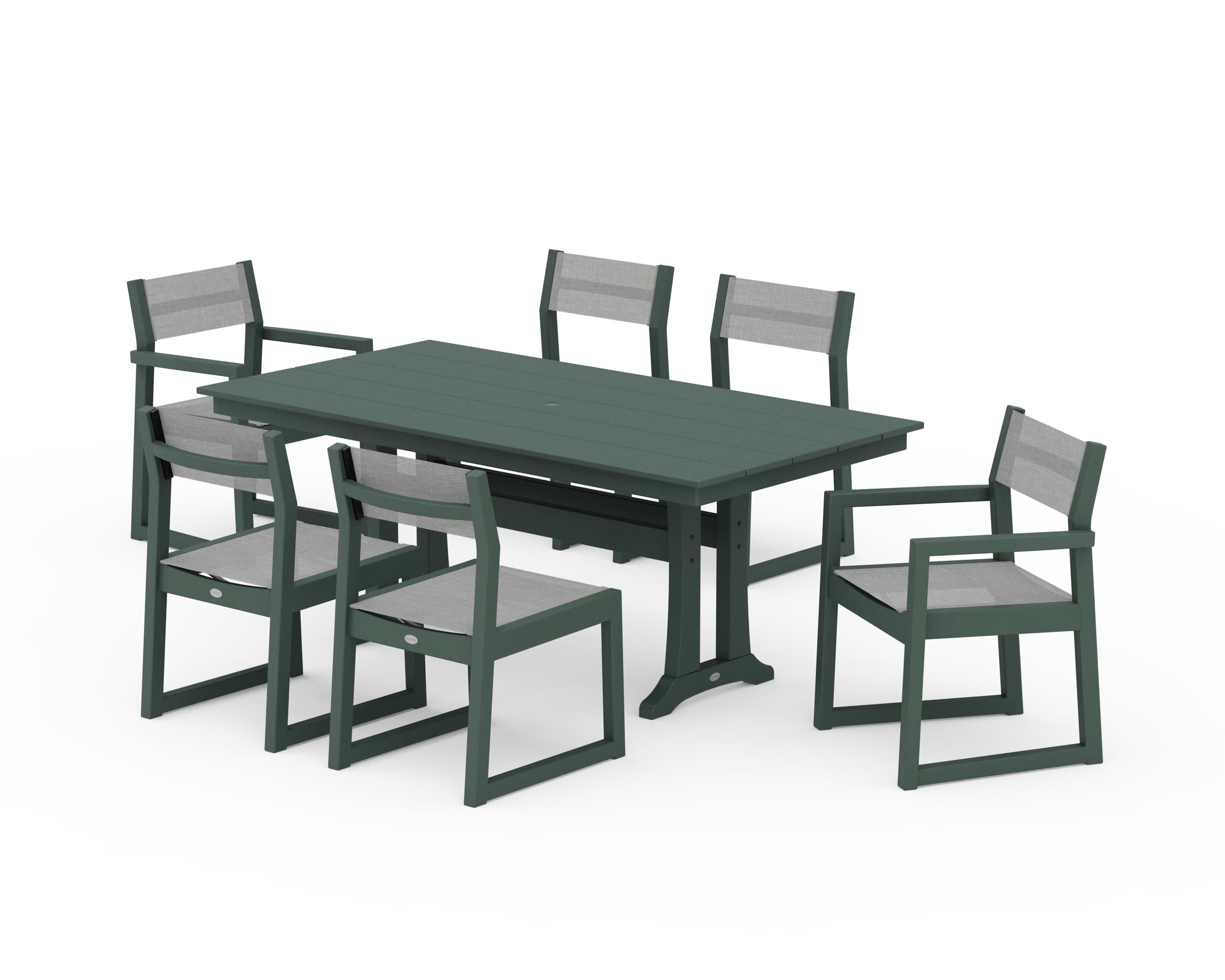 POLYWOOD® EDGE Sling 7-Piece Farmhouse Trestle Dining Set in Green / Metallic Sling