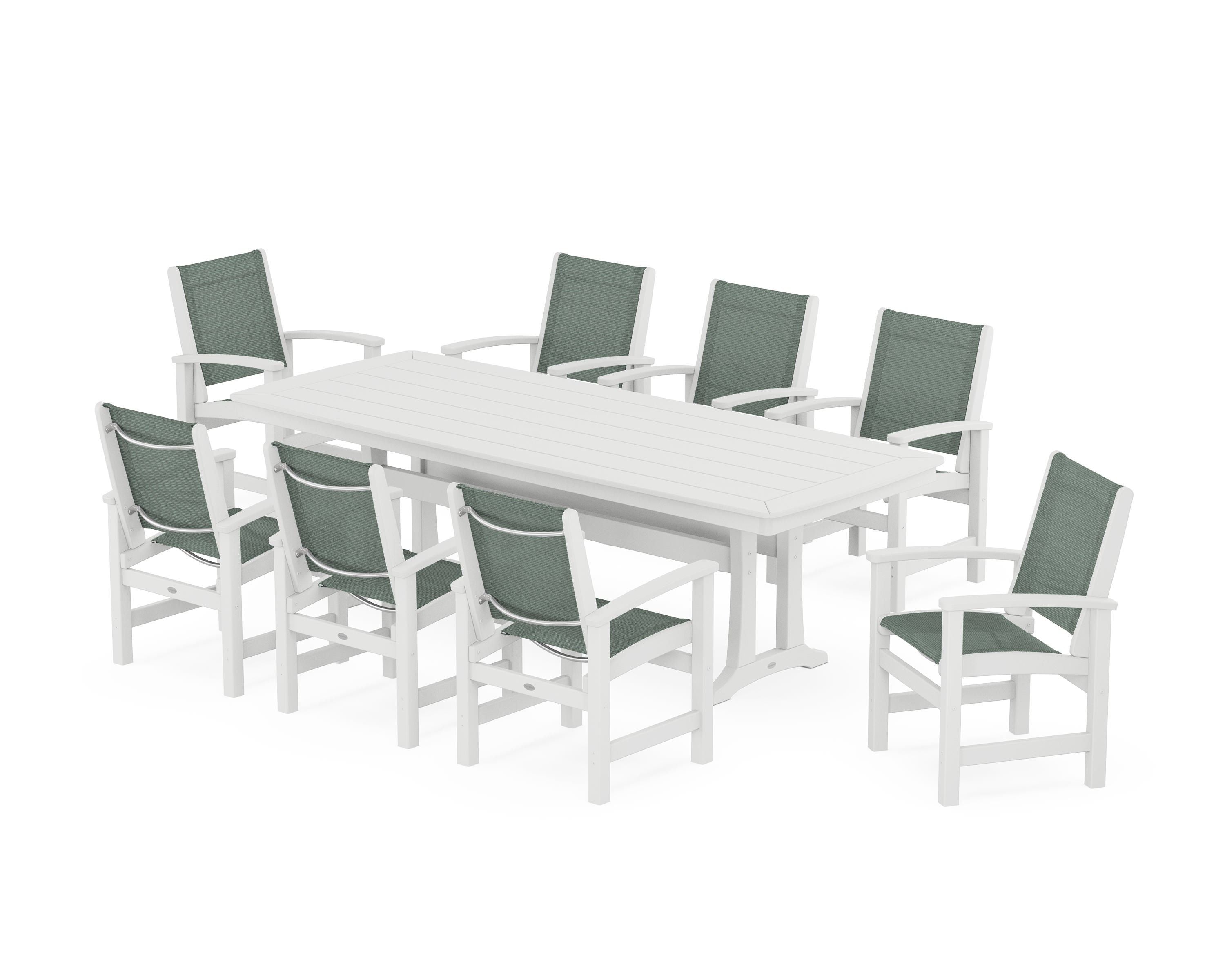 POLYWOOD® Coastal 9-Piece Dining Set with Trestle Legs in White / Dupioni Sea Mist Sling