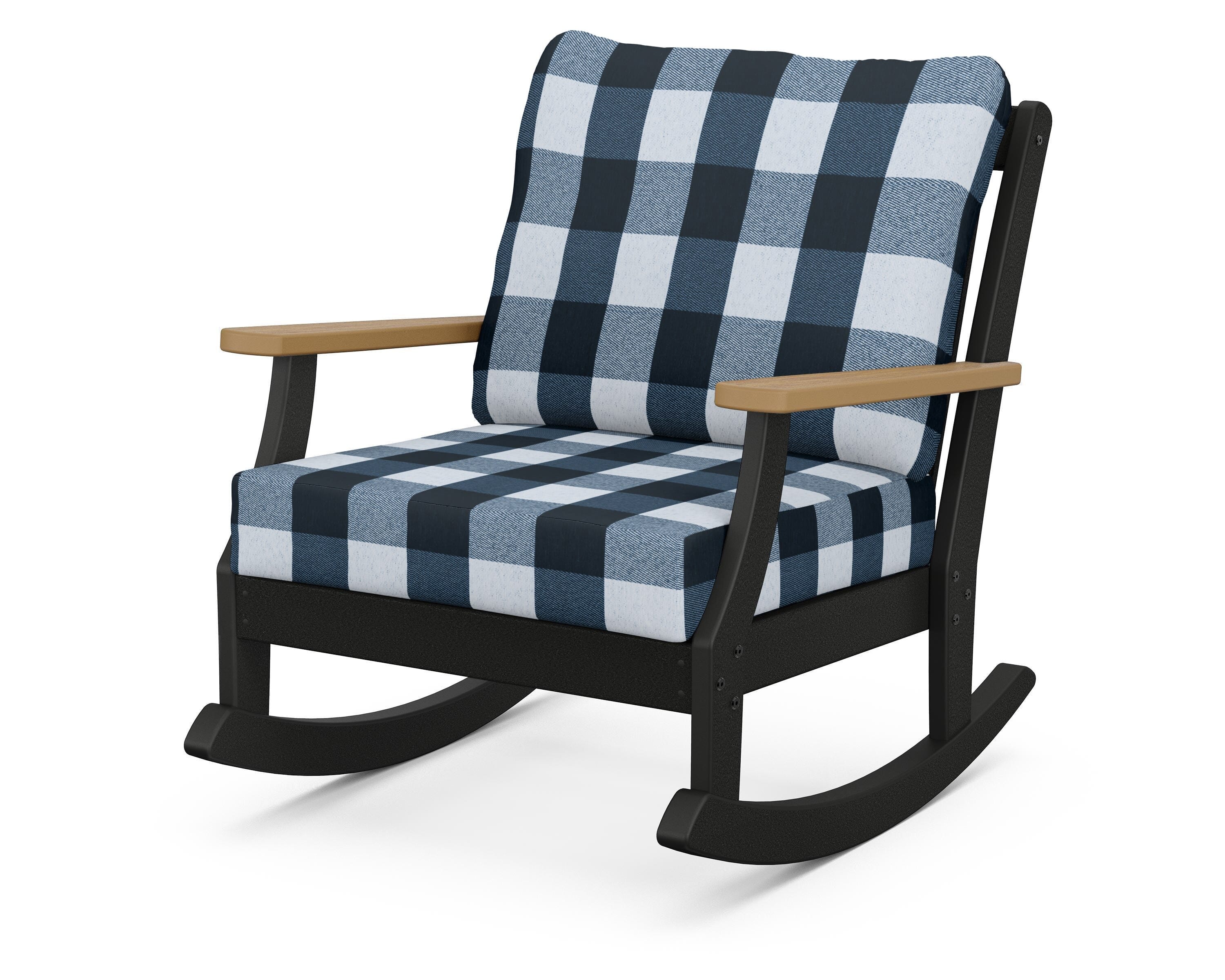 POLYWOOD® Braxton Deep Seating Rocking Chair in Black / Natural / Buffalo Plaid Marine Indigo