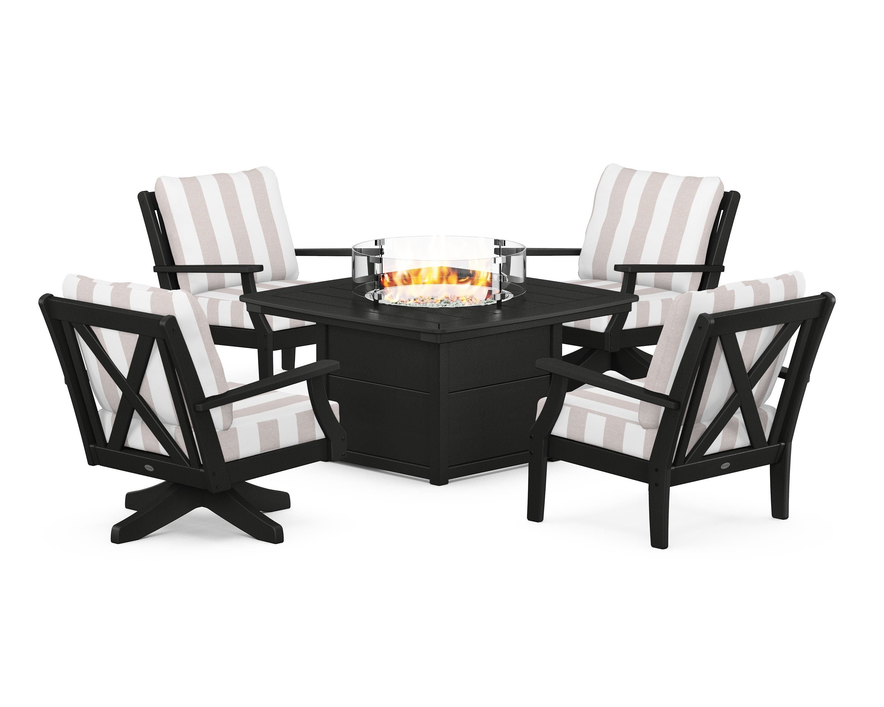 POLYWOOD® Braxton 5-Piece Deep Seating Set with Fire Table in Black / Cabana Stripe Dune Burlap